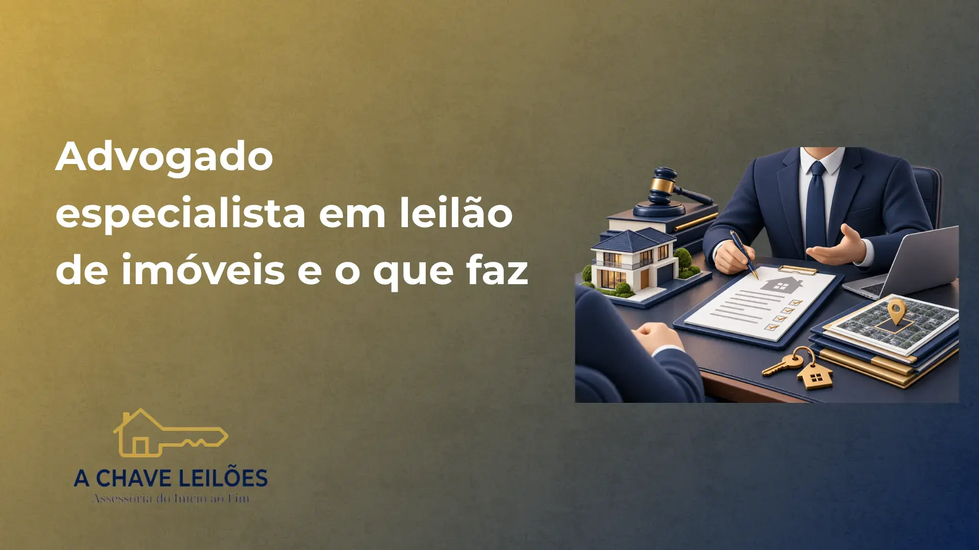 Advogado especialista em leilão de imóveis: cena de um profissional em escritório analisando documentos e um laptop, com recursos visuais de leilão e a frase “Advogado especialista em leilão de imóveis e o que faz”.