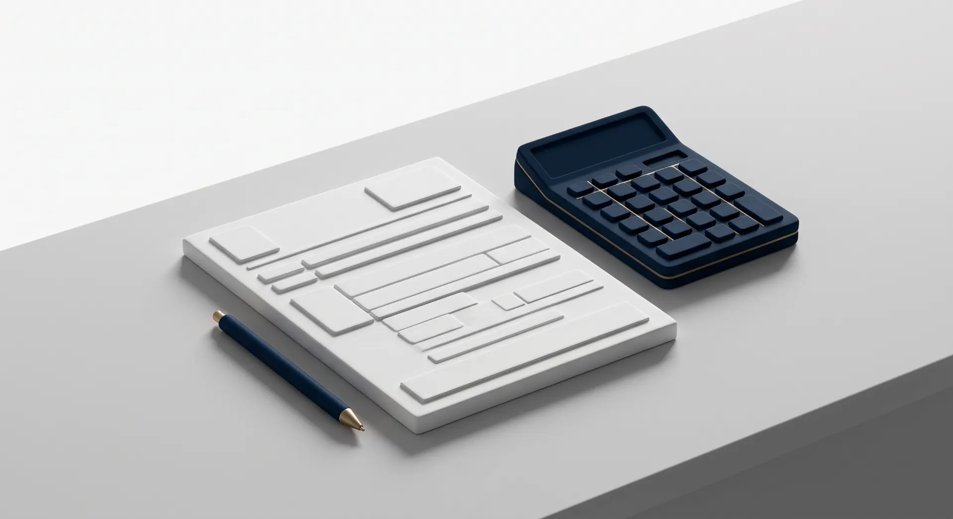 Imagem de escritório com bloco de anotações e caneta sobre uma mesa, ao lado de uma calculadora azul, sugerindo organização e controle financeiro no trabalho.
