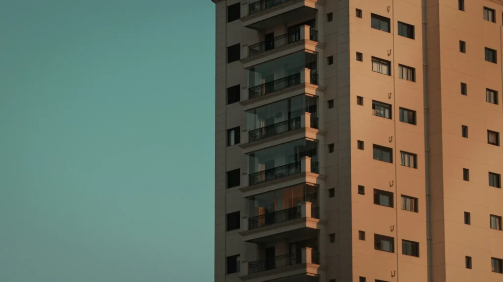 Prédio residencial alto ao pôr do sol, com janelas e varandas em destaque e uma fachada de cor clara, criando contraste com o céu azul ao fundo.
