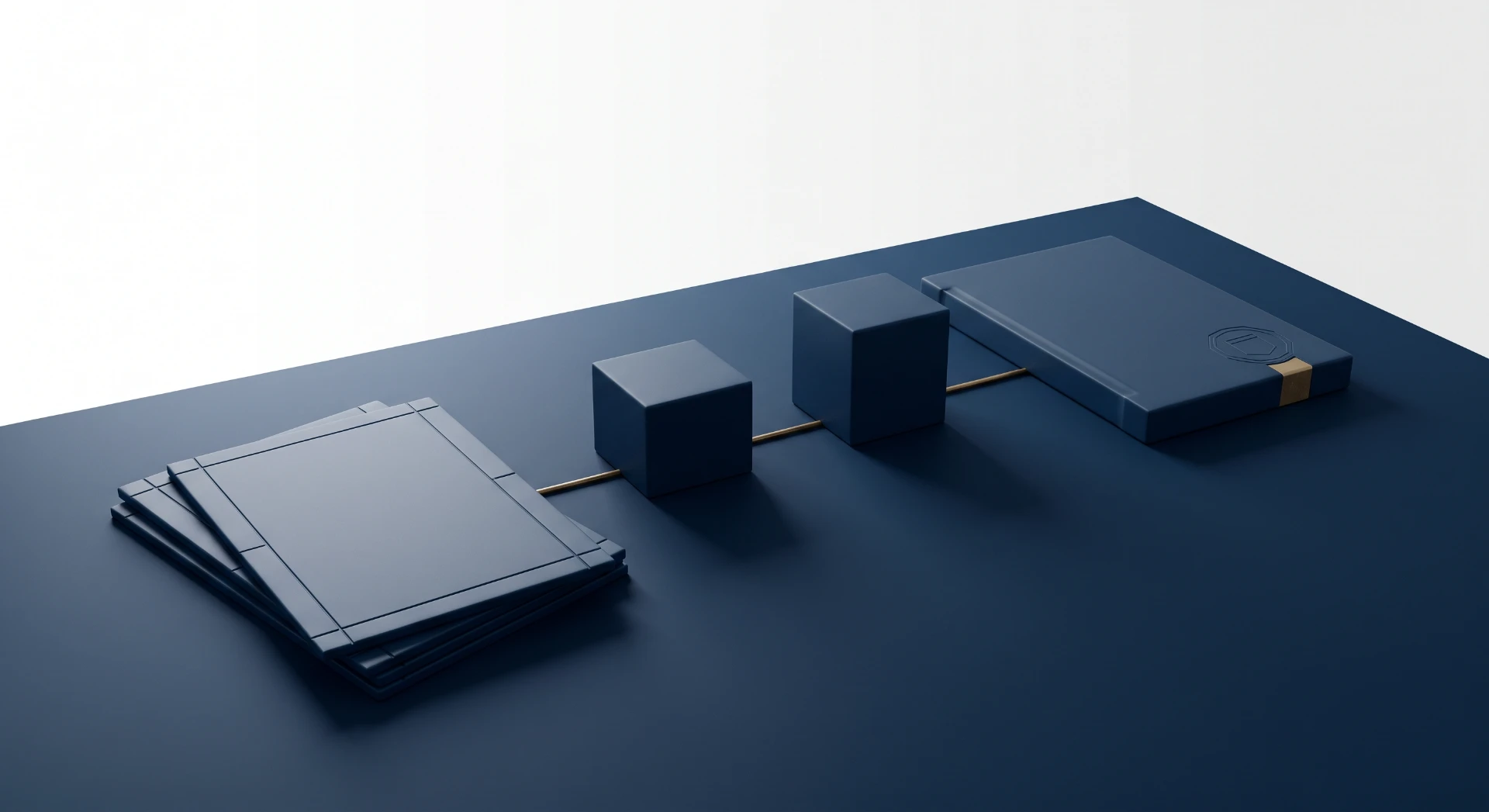 Imagem em fundo claro e mesa azul com caderno fechado e folhas empilhadas ao lado de blocos retangulares e uma caixa de tampo aberto, cenário minimalista de escritório e design 3D.