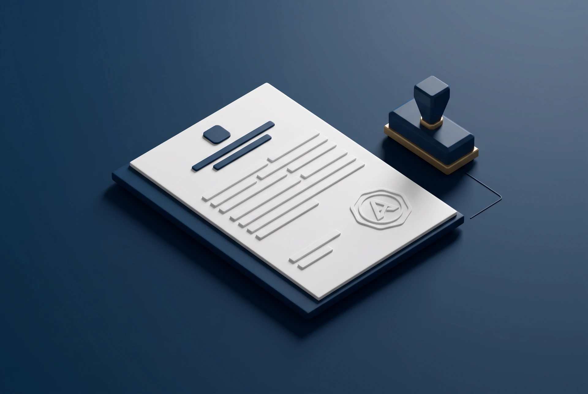 Ilustração 3D de um cartão de documentos branco com linhas e campos, ao lado de um carimbo com base dourada em cenário azul, sugerindo autenticação e aprovação de formulários.