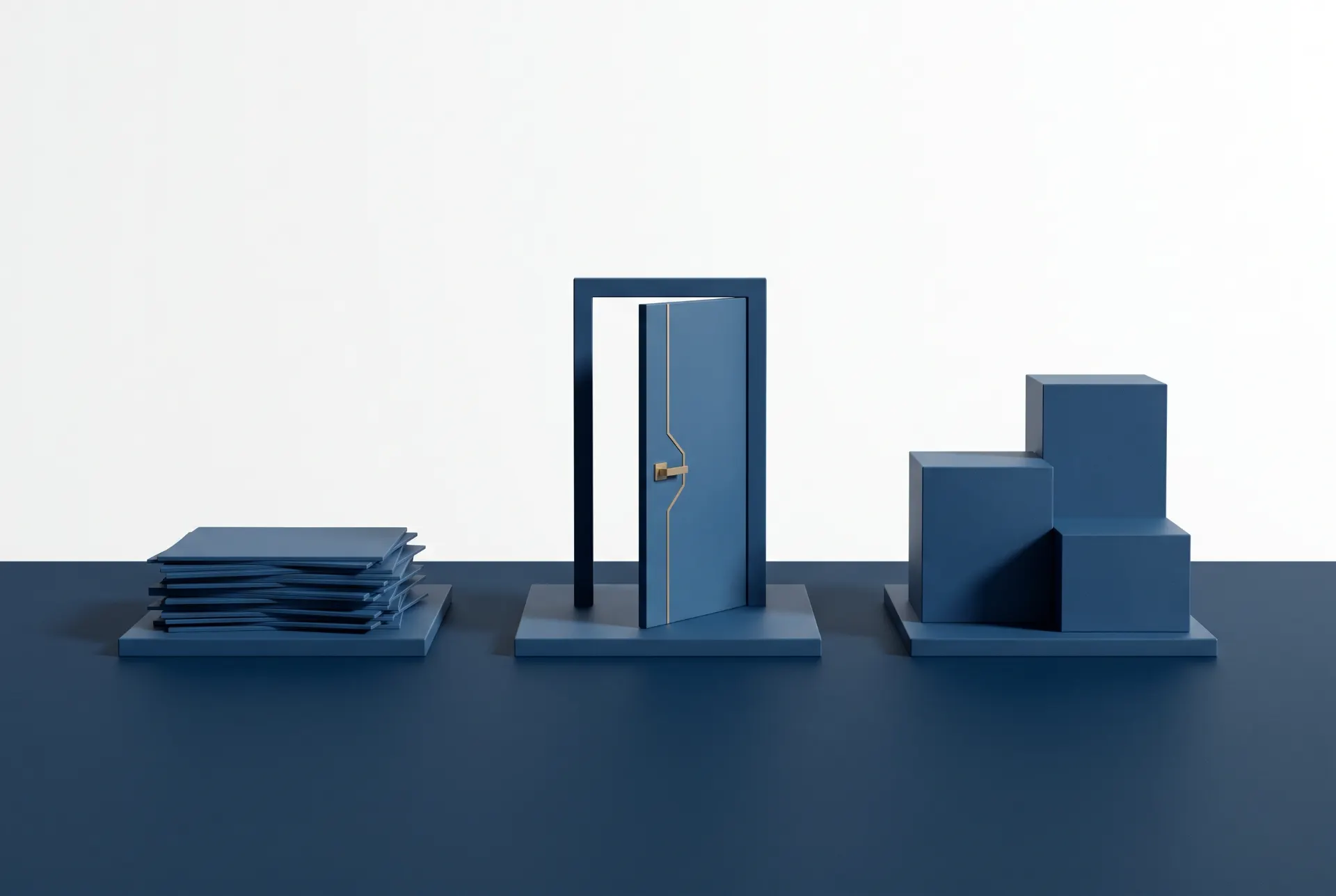 Cena minimalista em tons de azul com uma porta e caixas geométricas empilhadas em uma plataforma, ao lado de pilhas de documentos, com fundo branco e composição 3D abstrata.