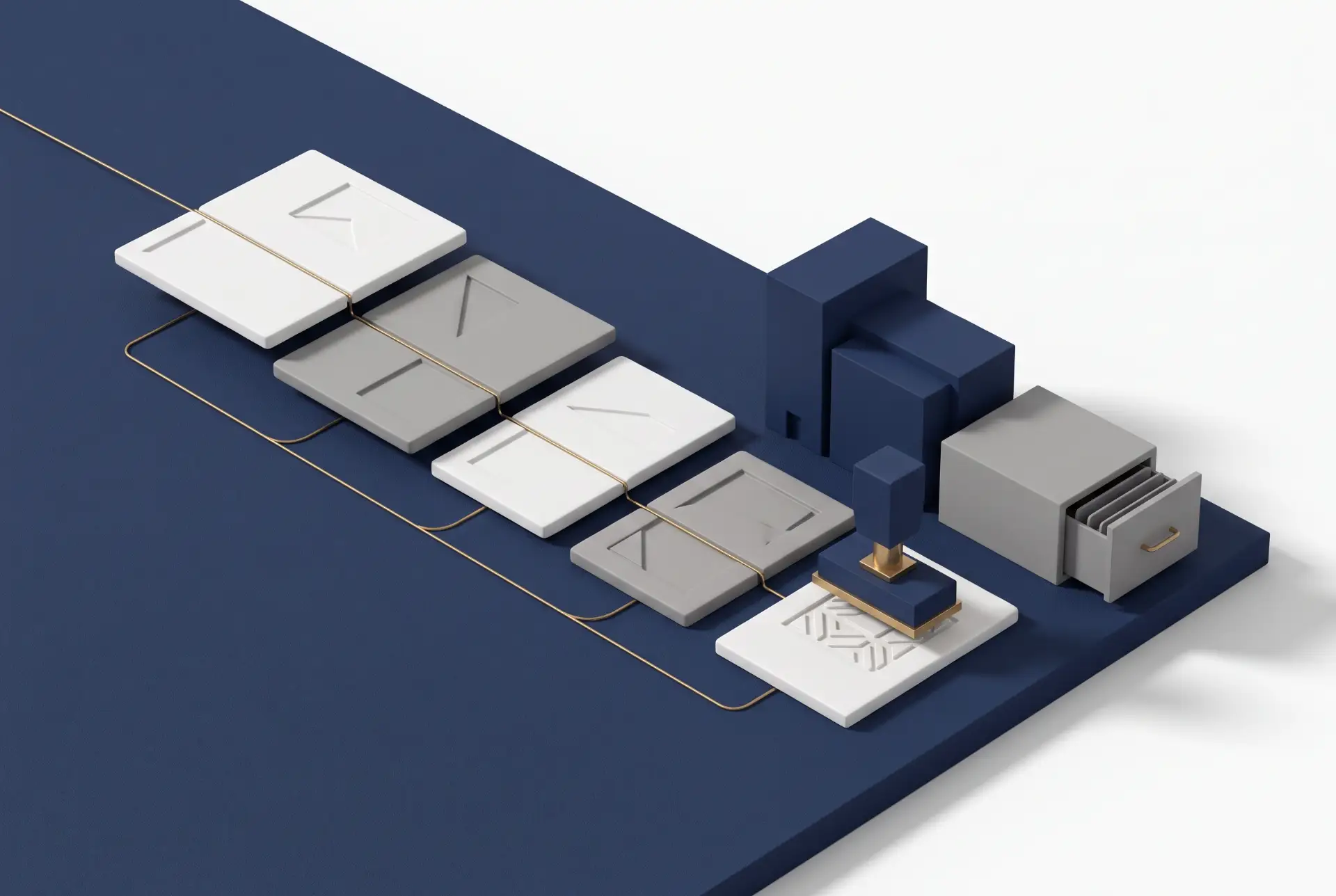 Composição 3D com blocos e placas brancas sobre base azul, conectadas por fios finos dourados, mostrando um conceito de eletrônica e conexões elétricas em layout abstrato