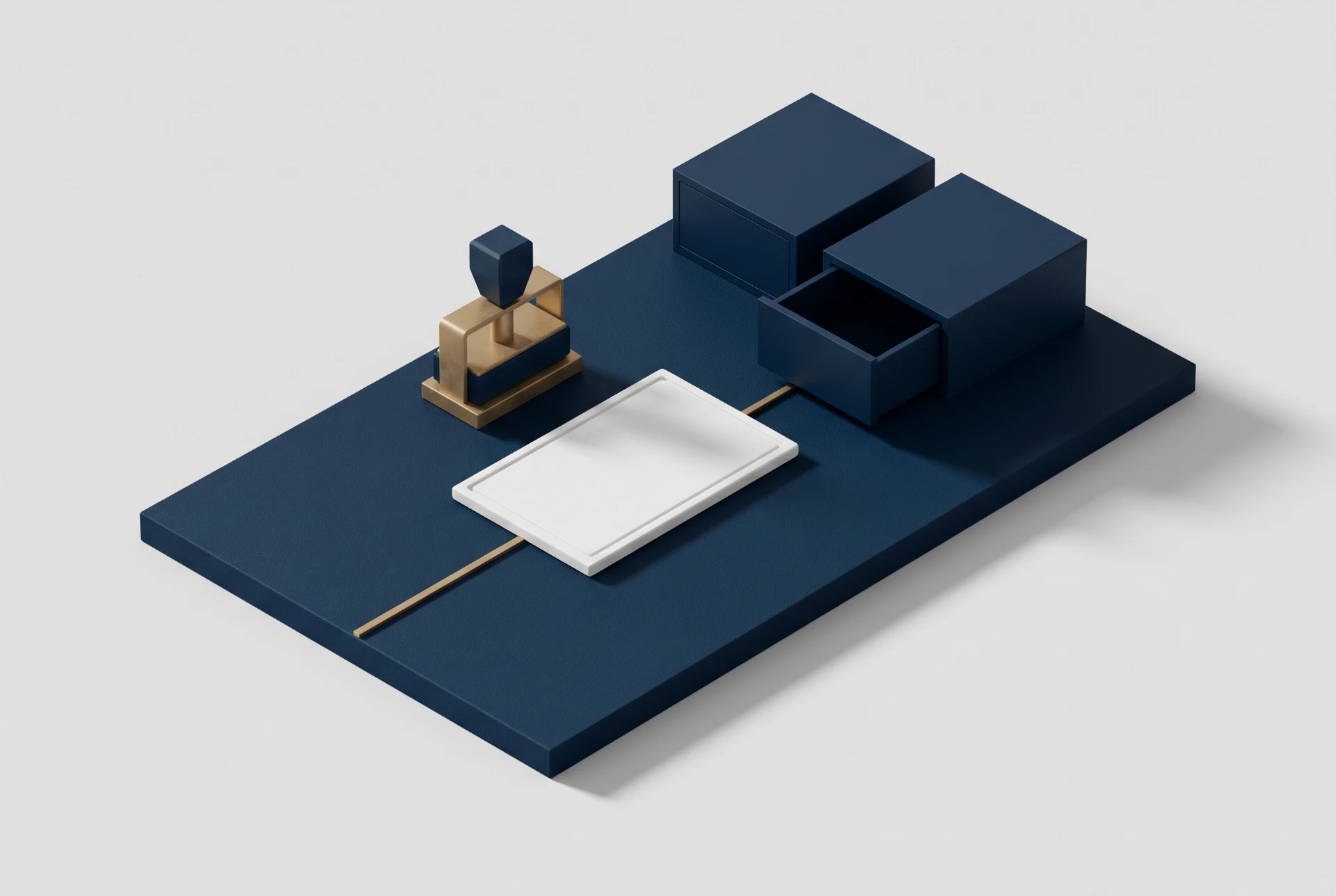 Composição em 3D de escritório com base azul, um suporte de caneta dourado, um bloco alto escuro e um porta-cartões quadrado branco no centro, em fundo claro.