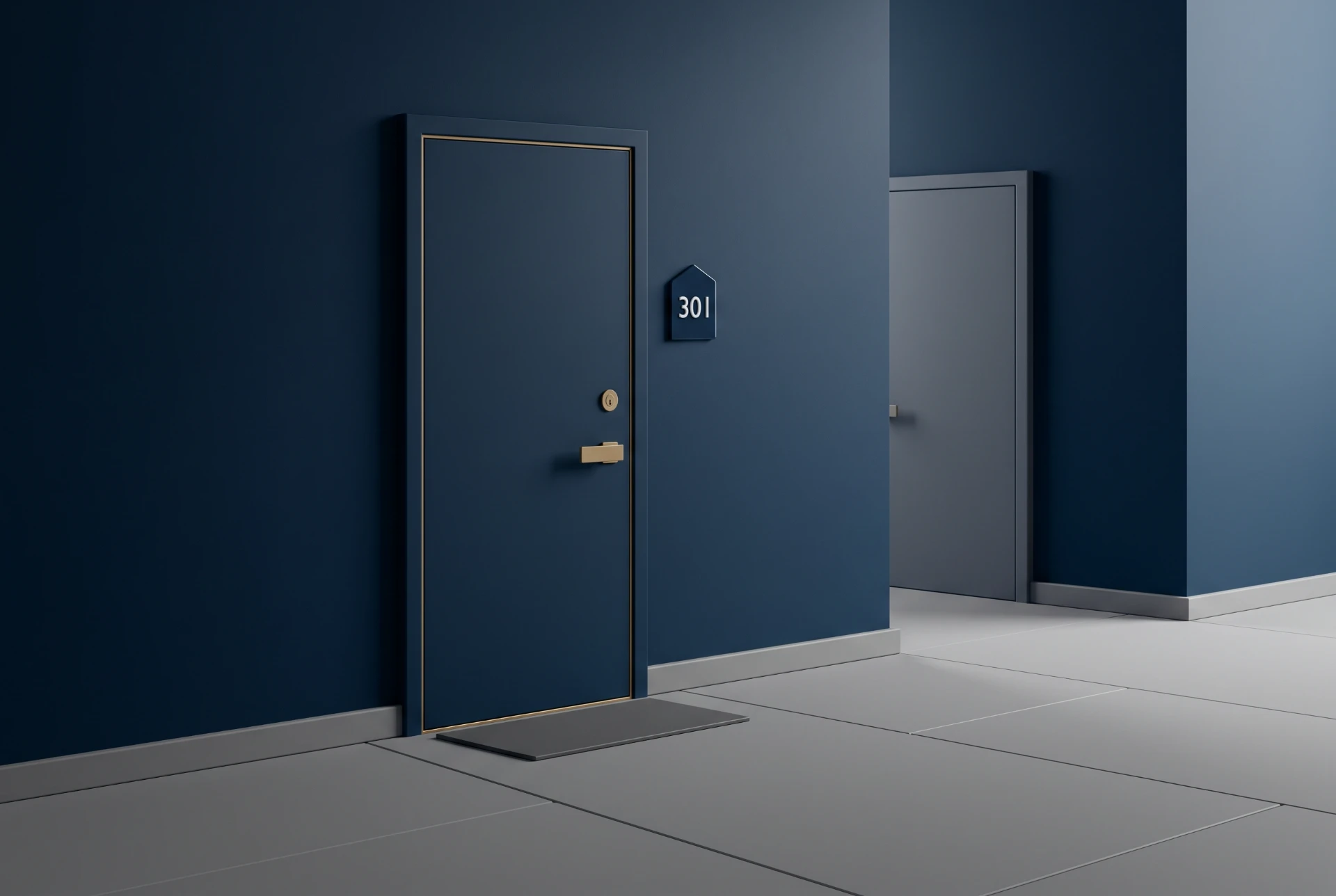 Corredor interno moderno com paredes em tons de azul, portas fechadas e placa de identificação 301 ao lado da porta, além de piso claro e iluminação discreta