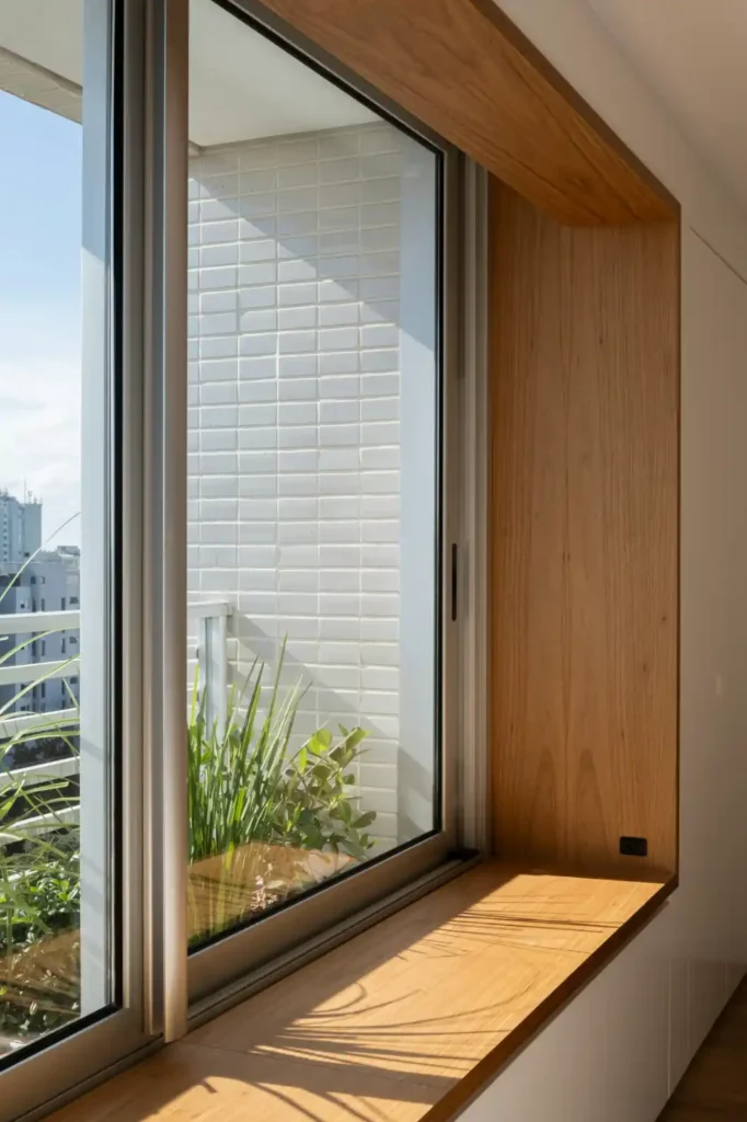 Janela de vidro com moldura metálica e nicho de madeira embutido, com luz natural e plantas ao lado, em ambiente interno moderno.