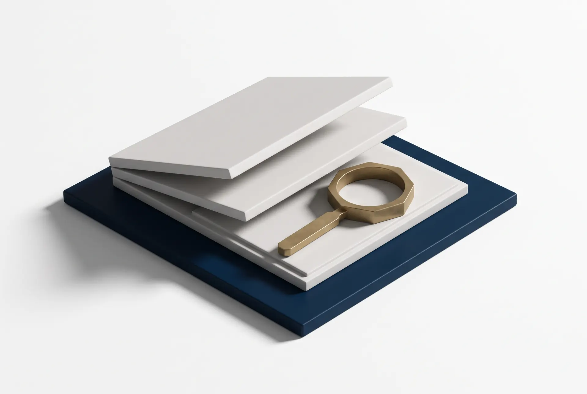 Ilustração 3D de um bloco de ferramentas com placa metálica cinza, base azul e uma porca hexagonal dourada sobre o suporte, em fundo branco.