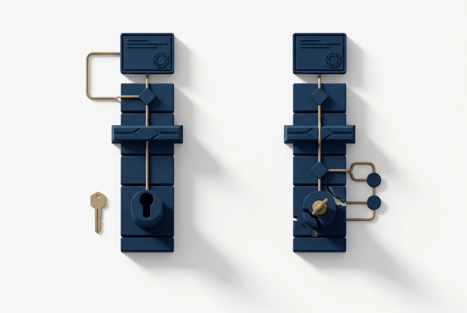 Ilustração em 3D de cadeado e blocos azuis representando segurança e acesso, com elementos conectados em dois esquemas, um para abertura e outro para falha de controle.
