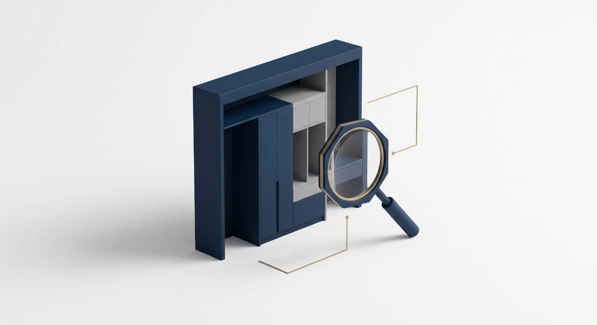 Ilustração 3D de uma caixa/arquivo azul com lupa sobreposta, destacando um processo de busca, verificação e pesquisa de informações dentro da estrutura.