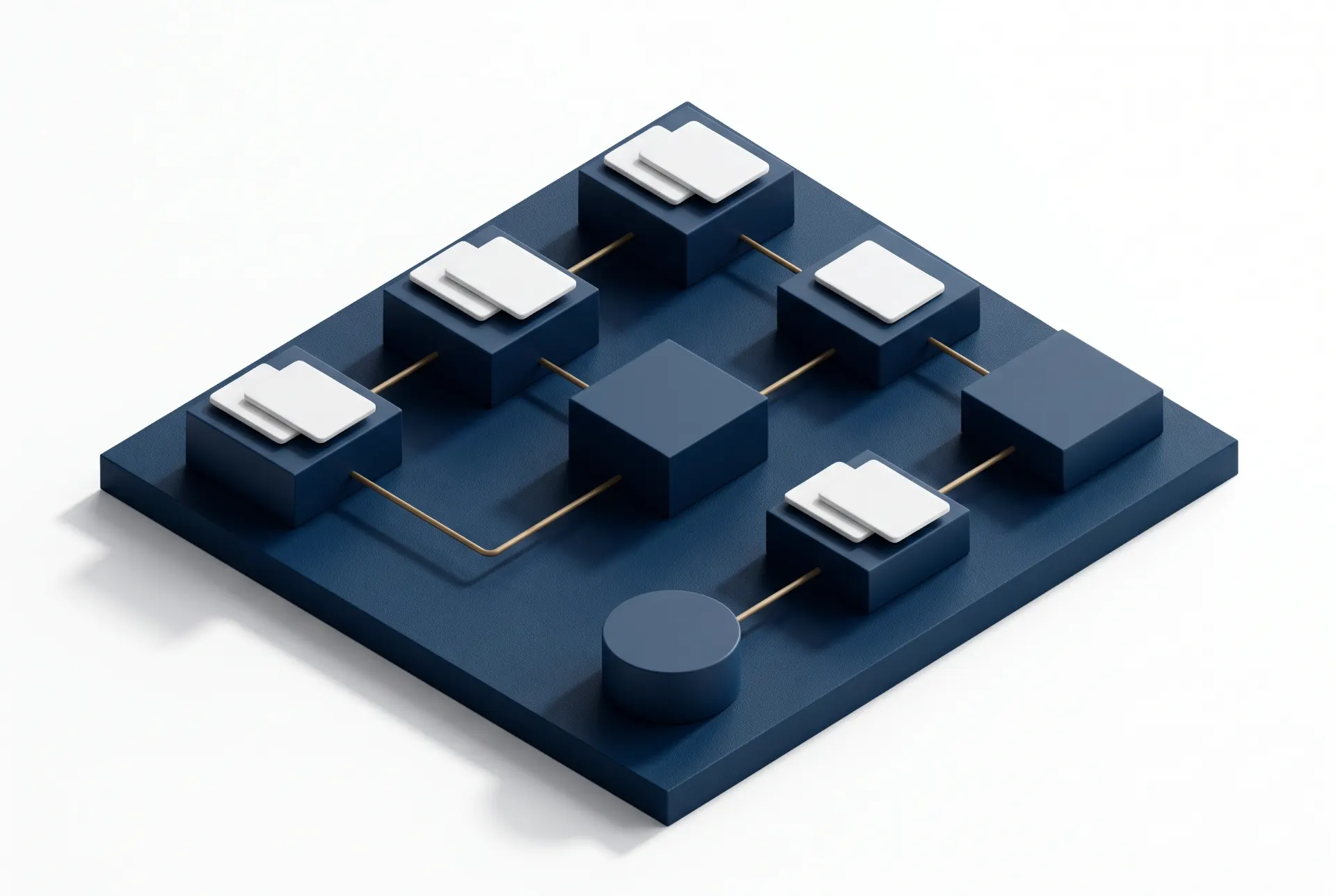 Ilustração 3D de um tabuleiro azul com caminhos e vários blocos quadrados conectados por hastes douradas, com cartões brancos sobre as peças.
