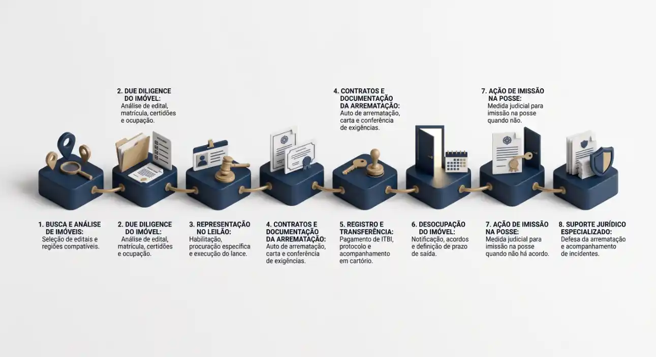 Infográfico com fluxo de processos de due diligence imobiliária: busca e análise do imóvel, diligência, representação e unificação, contratos e documentação de armatação, registro e transferência, desocupação, ação de imissão na posse e suporte jurídico.
