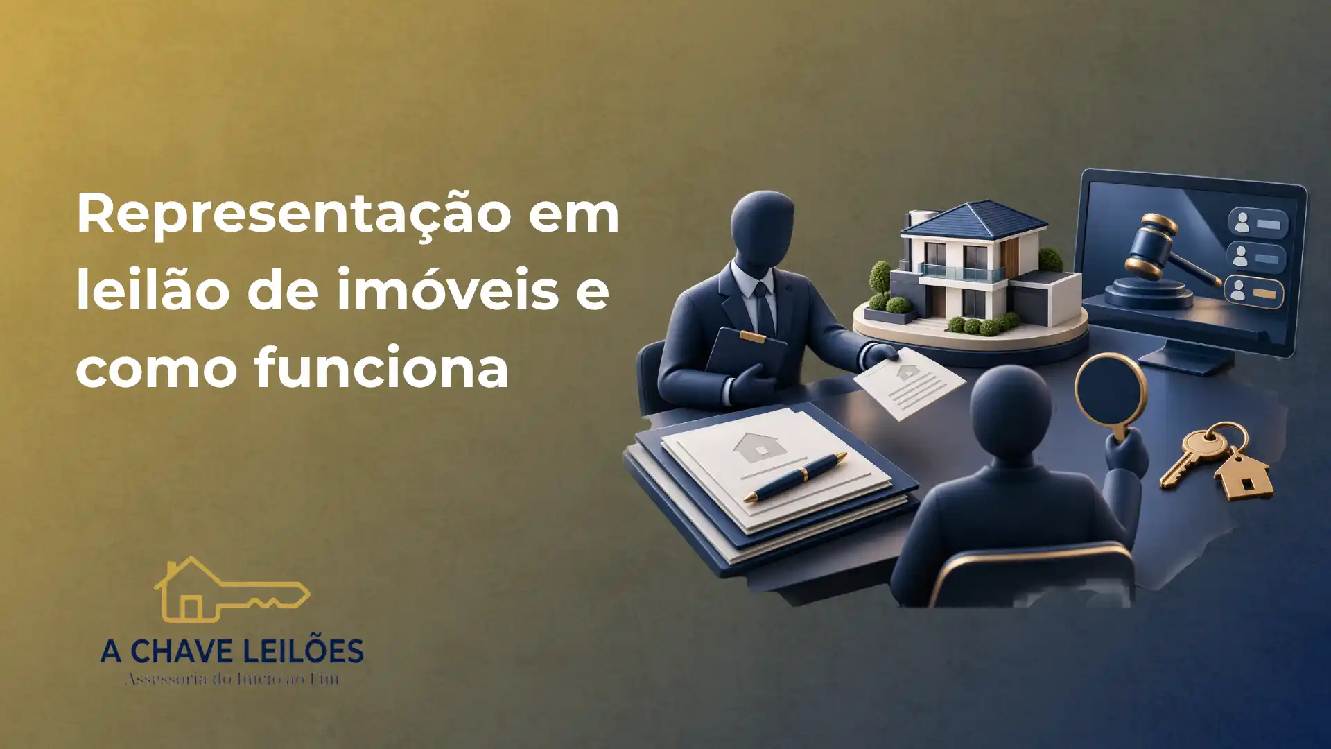Ilustração com um corretor e participantes de leilão em uma mesa, com maquete de casa, chaves, contrato e símbolos de documentos ao lado, representando como funciona a leilão de imóveis.