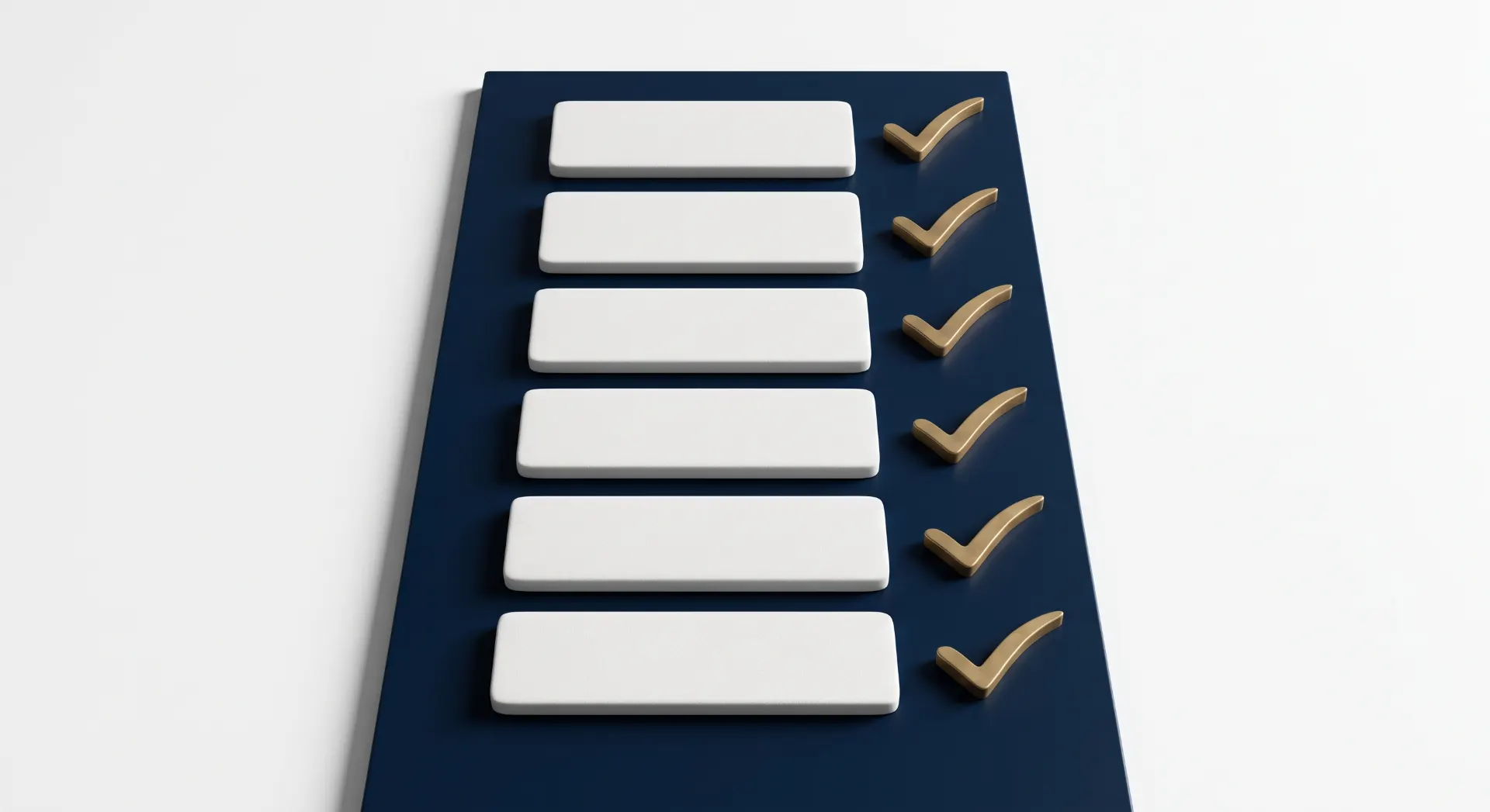 Lista de verificação em fundo azul com cinco barras brancas e marcas de confirmação em dourado ao lado, simulando tarefas concluídas e controle de status.