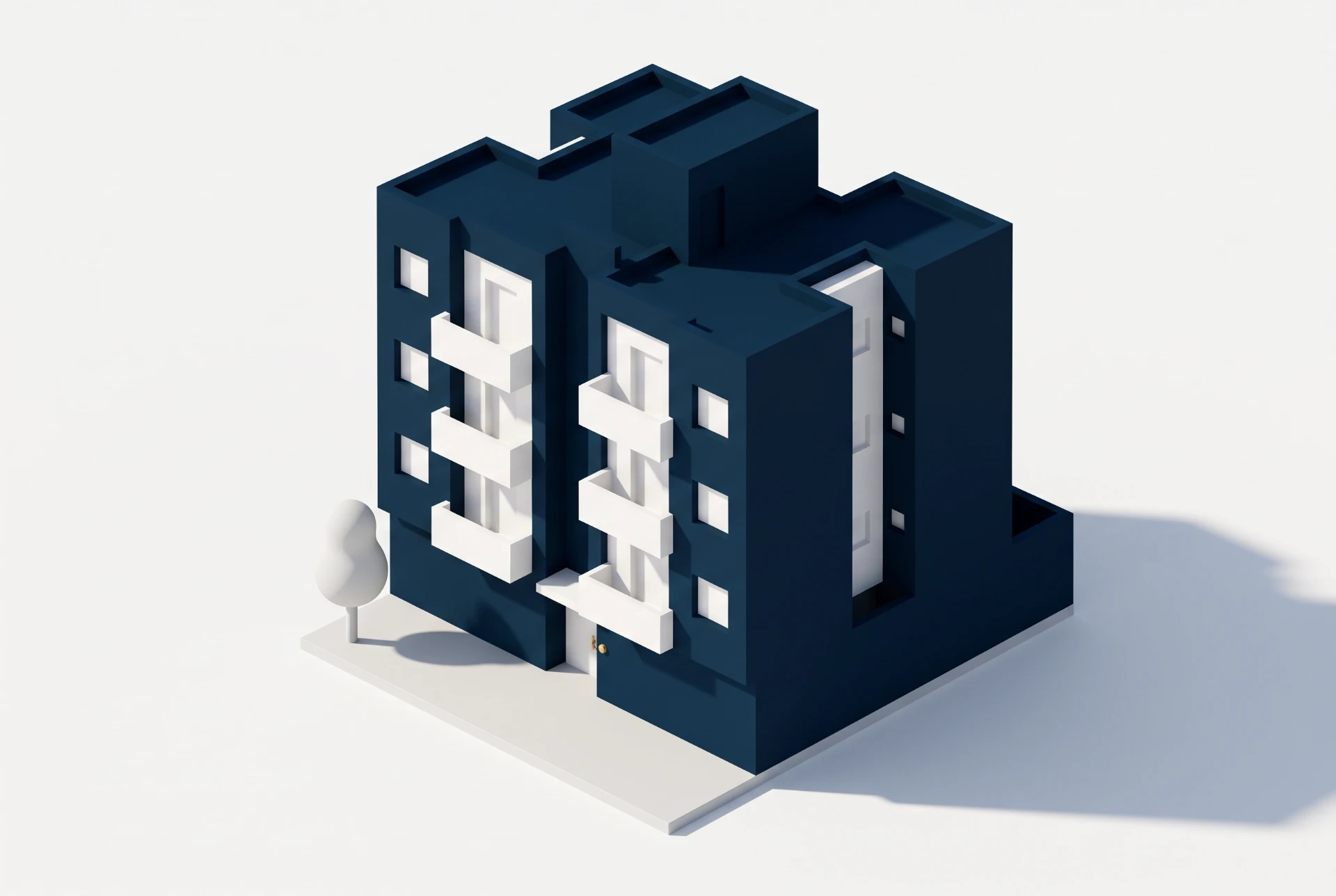 Modelo 3D de um prédio azul escuro com janelas em relevo brancas e base cinza, em perspectiva lateral, com sombras suaves no fundo claro.