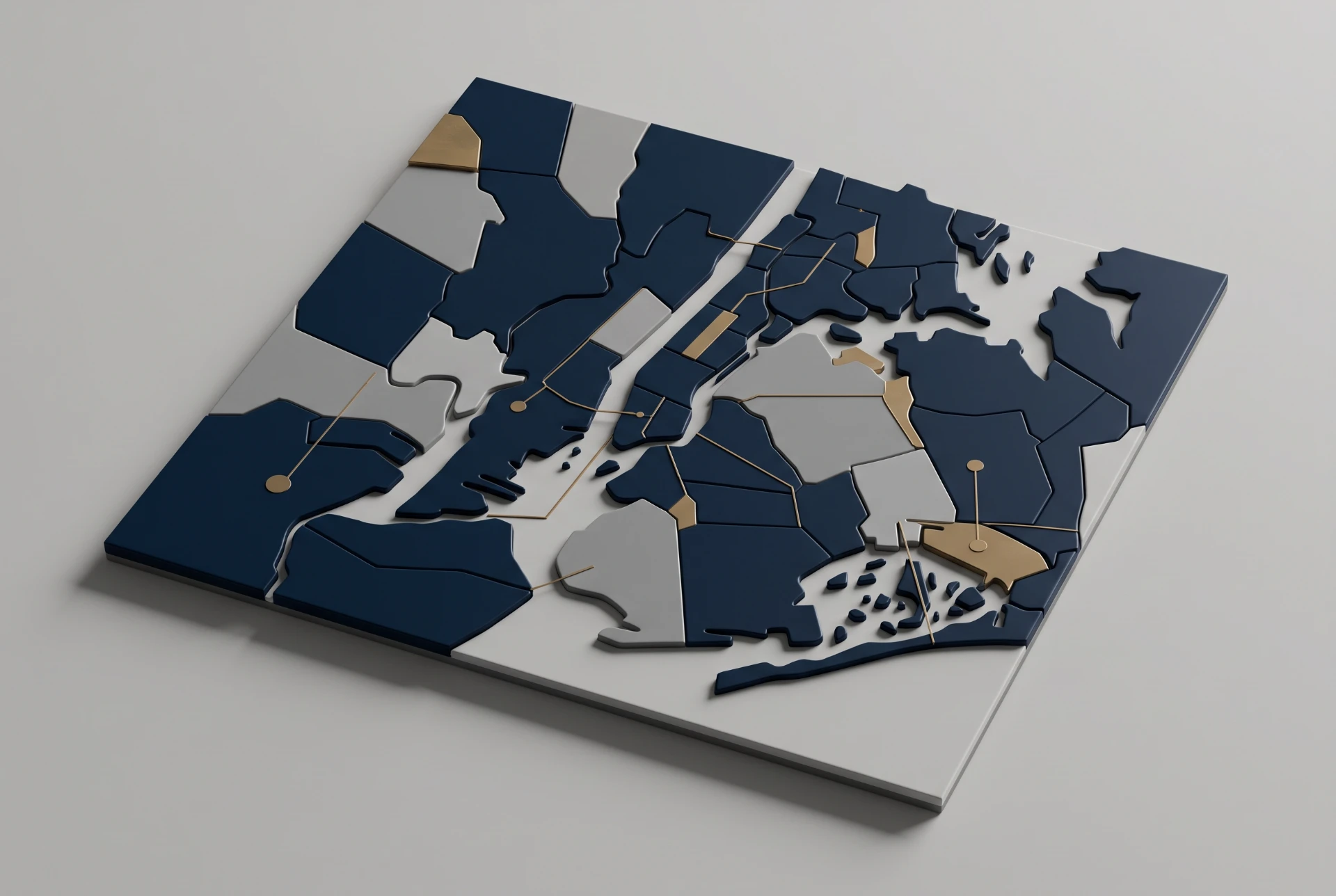 Quebra-cabeça com peças azuis e brancas sobrepostas, formando o mapa do Brasil com detalhes em dourado e linhas de contorno, em fundo cinza claro.