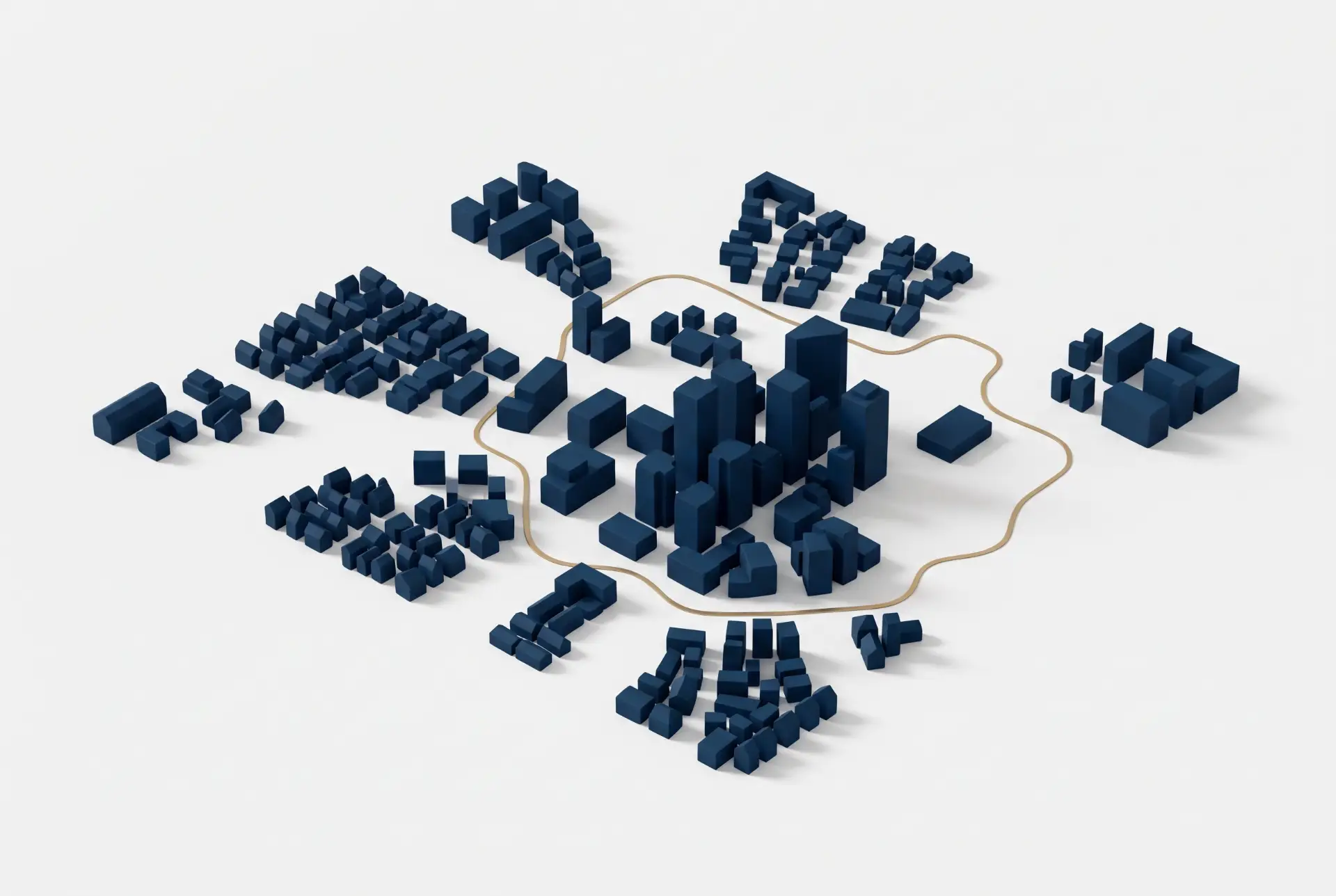 Ilustração 3D com pequenos blocos azuis conectados por cabos, formando um desenho que lembra um circuito ou estrutura de rede sobre fundo branco.