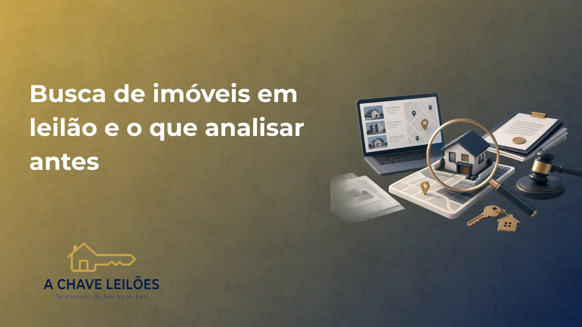 Imagem promocional da A CHAVE LEILÕES com a mensagem “Busca de imóveis em leilão e o que analisar antes”, ao lado de elementos visuais como documentos, ícones de localização e uma casa ampliada por lupa.