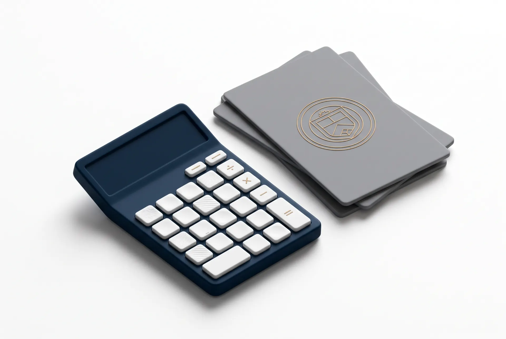 Calculadora portátil com teclado em botões brancos ao lado de um cartão cinza com logotipo, sobre fundo branco, representação de pagamento e finanças