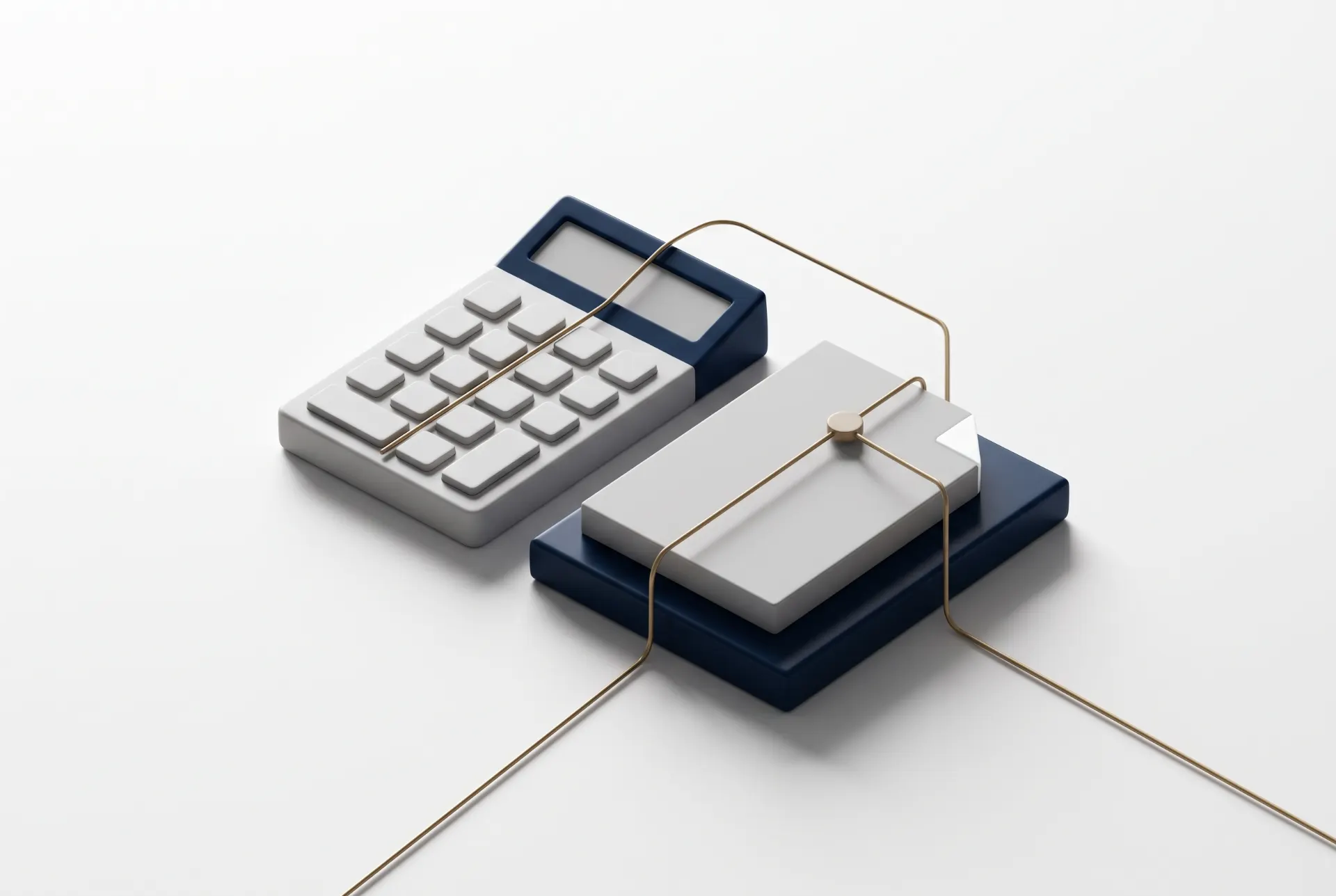 Calculadora e notebook empilhados com fios conectados, representando fluxo de dados e integração tecnológica em um conceito de escritório ou TI.