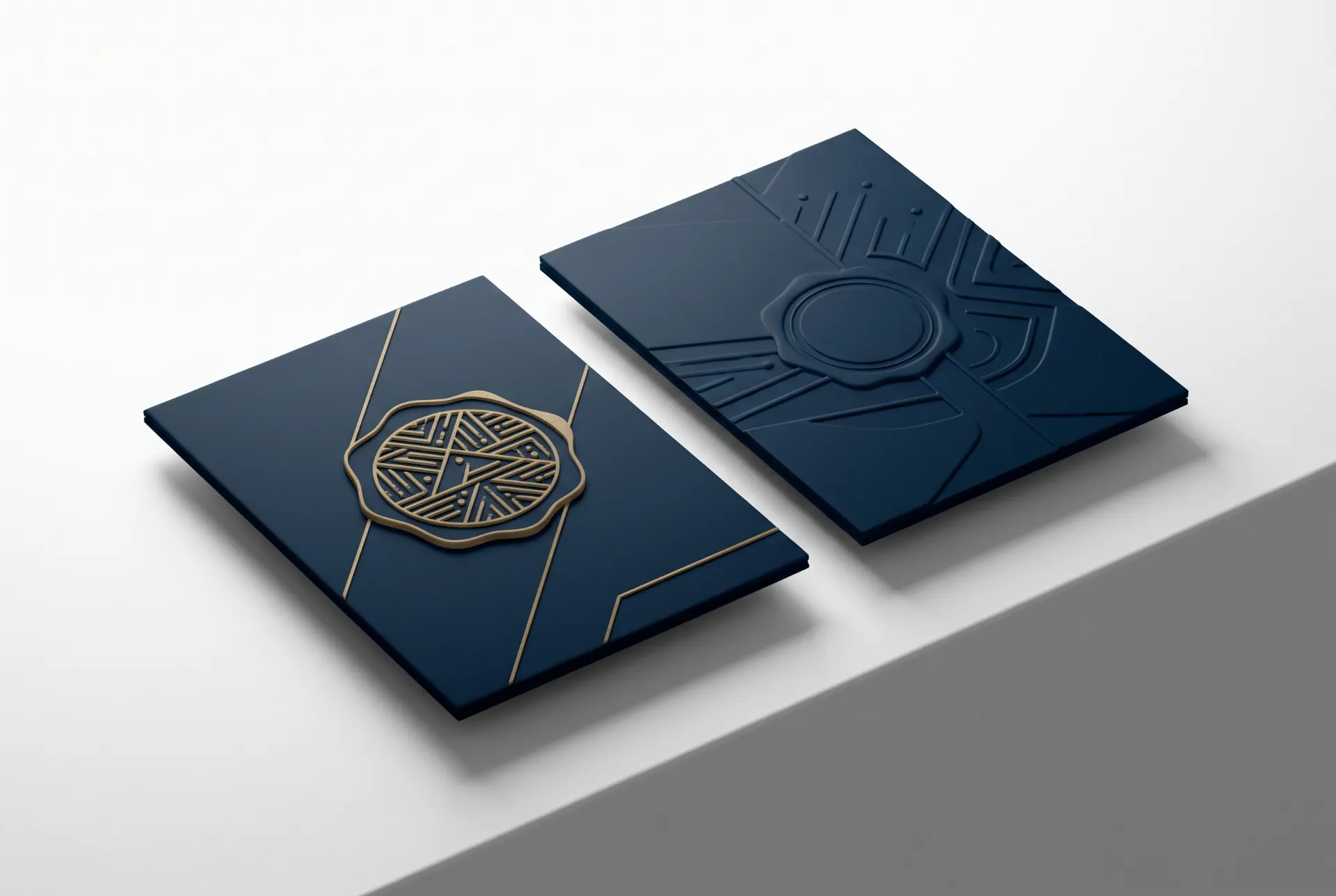 Par de cartões com design azul-marinho e detalhes em relevo, com brasão circular em fio dourado na capa e símbolo geométrico na segunda peça, sobre fundo claro.