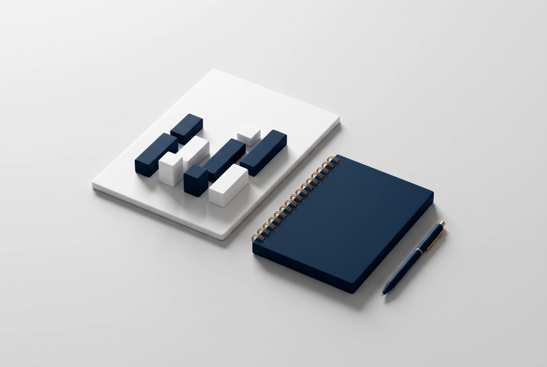 Composição em 3D com blocos geométricos azuis e brancos sobre uma base branca, ao lado de um caderno azul com espiral e uma caneta preta em fundo claro.
