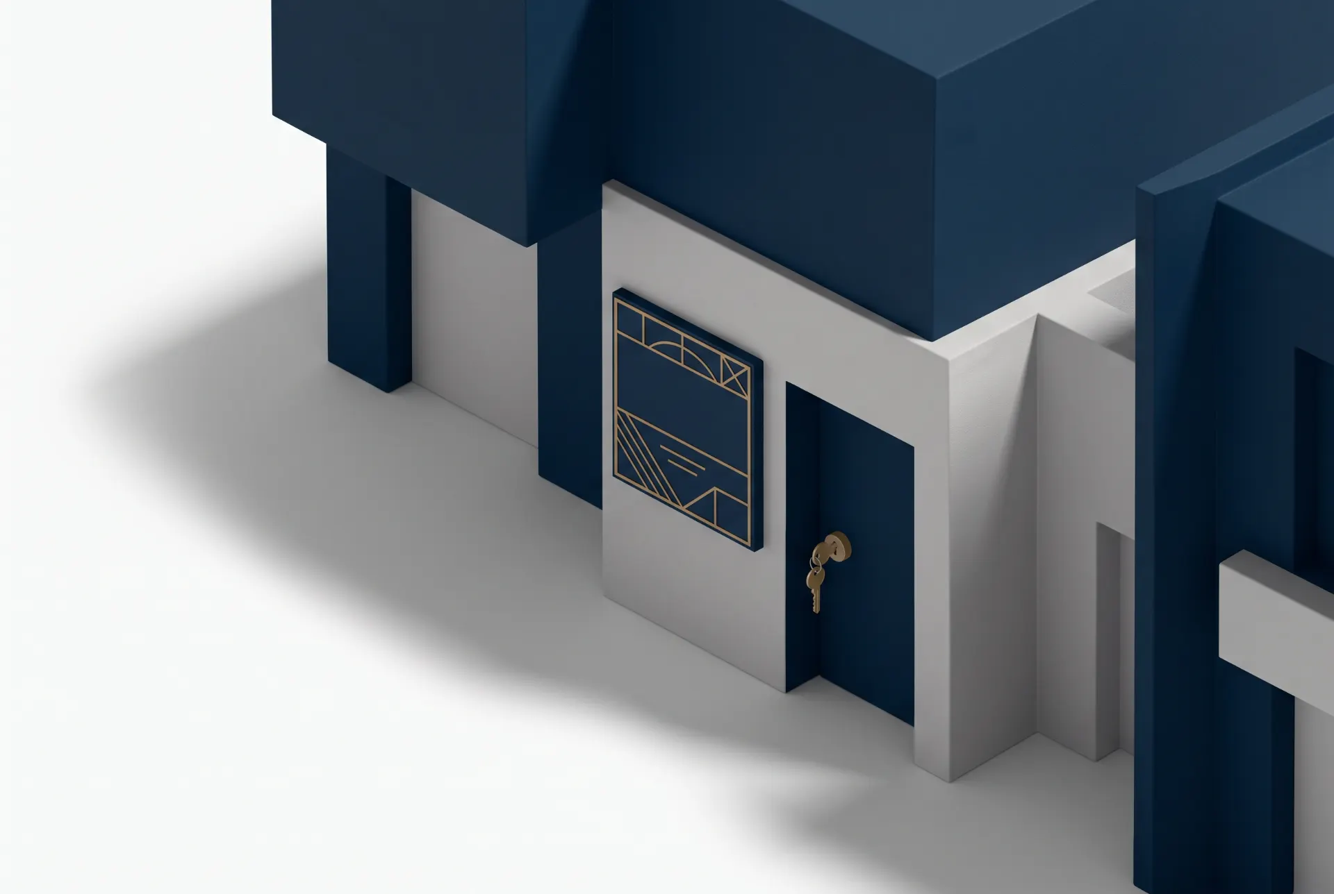 Ilustração isométrica 3D de um corredor com portas e paredes em azul e branco, com uma porta fechada à direita e um detalhe de fechadura, estilo arquitetura corporativa.