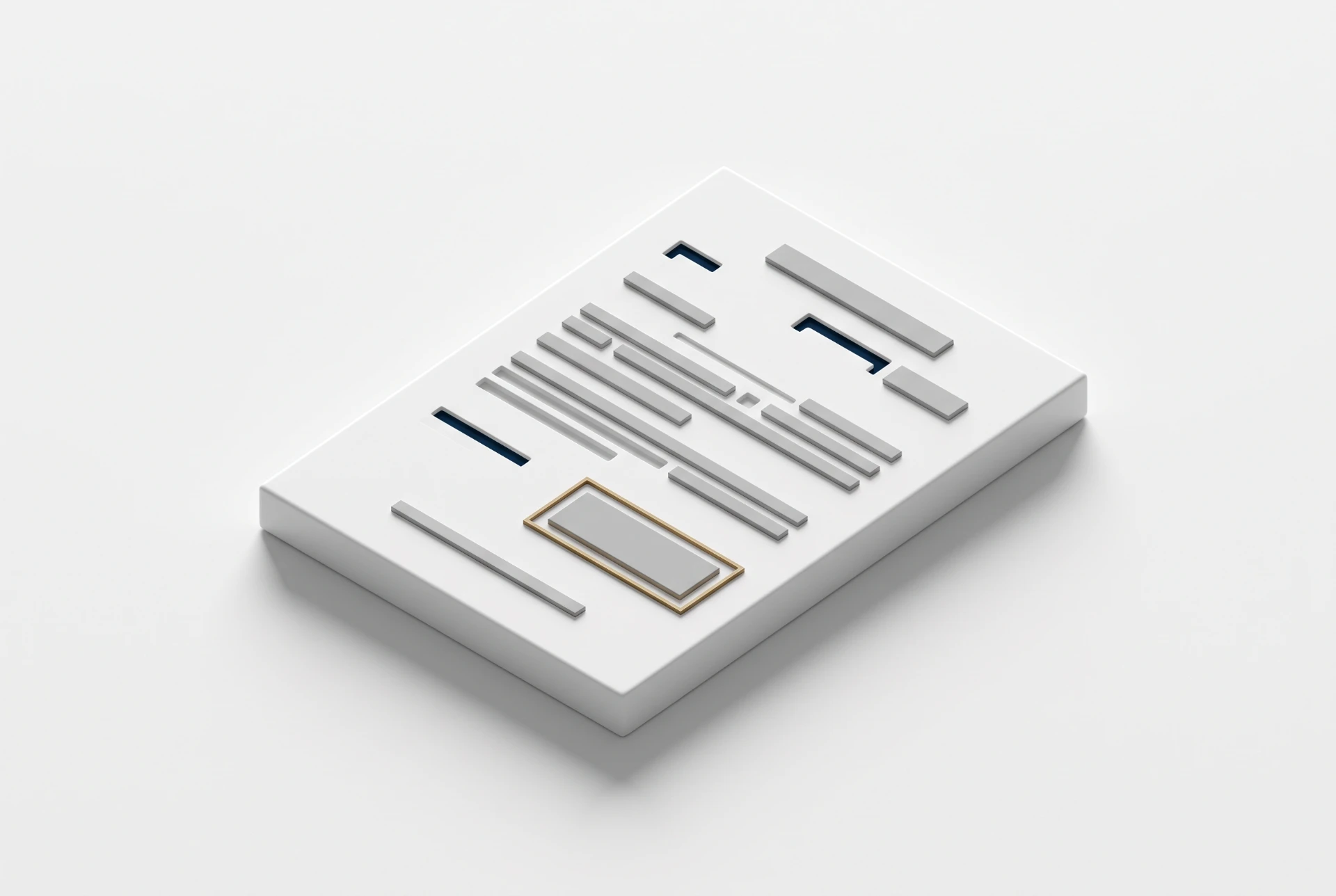 Ilustração 3D de um bloco branco com ícones abstratos e representação de dados, linhas e elementos gráficos sobre fundo claro, estilo tecnologia
