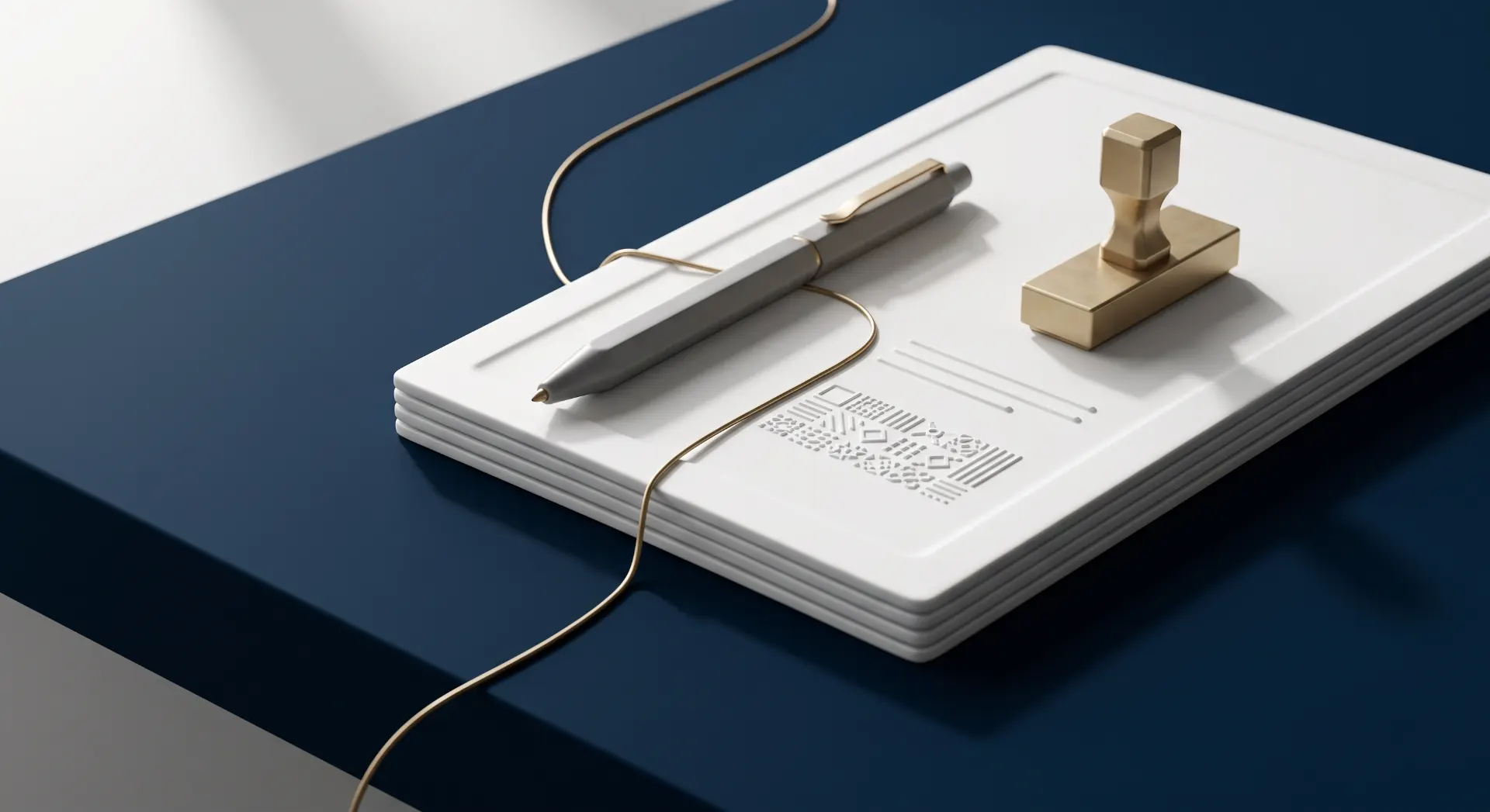 Dispositivo eletrônico com caneta stylus e conector em metal sobre uma base branca, com cabo de ligação e superfície com padrão de código QR, em cenário de tecnologia e autenticação digital.