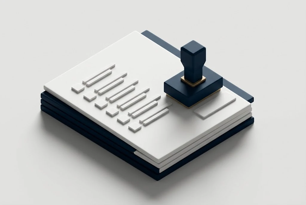 Imagem em 3D de um documento branco com marcações e um carimbo azul pressionado sobre a superfície, representando aprovação e validação.