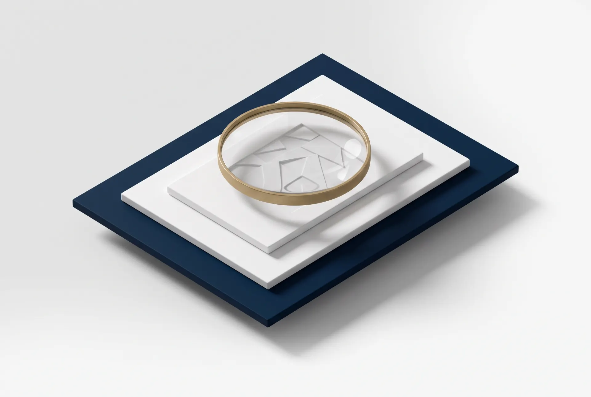 Composição 3D de embalagem premium para joias: bandeja com base azul-marinho, moldura branca e uma lupa/visor redondo sobre fundo branco com textura geométrica.