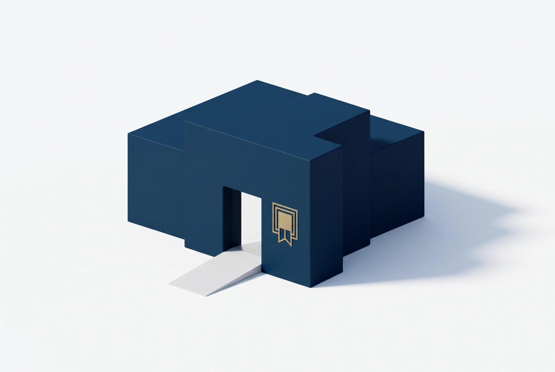 Ilustração em 3D de um bloco azul com uma faixa central e um símbolo de quadrado remetendo à ideia de segurança ou proteção, sobre fundo branco com sombra suave.