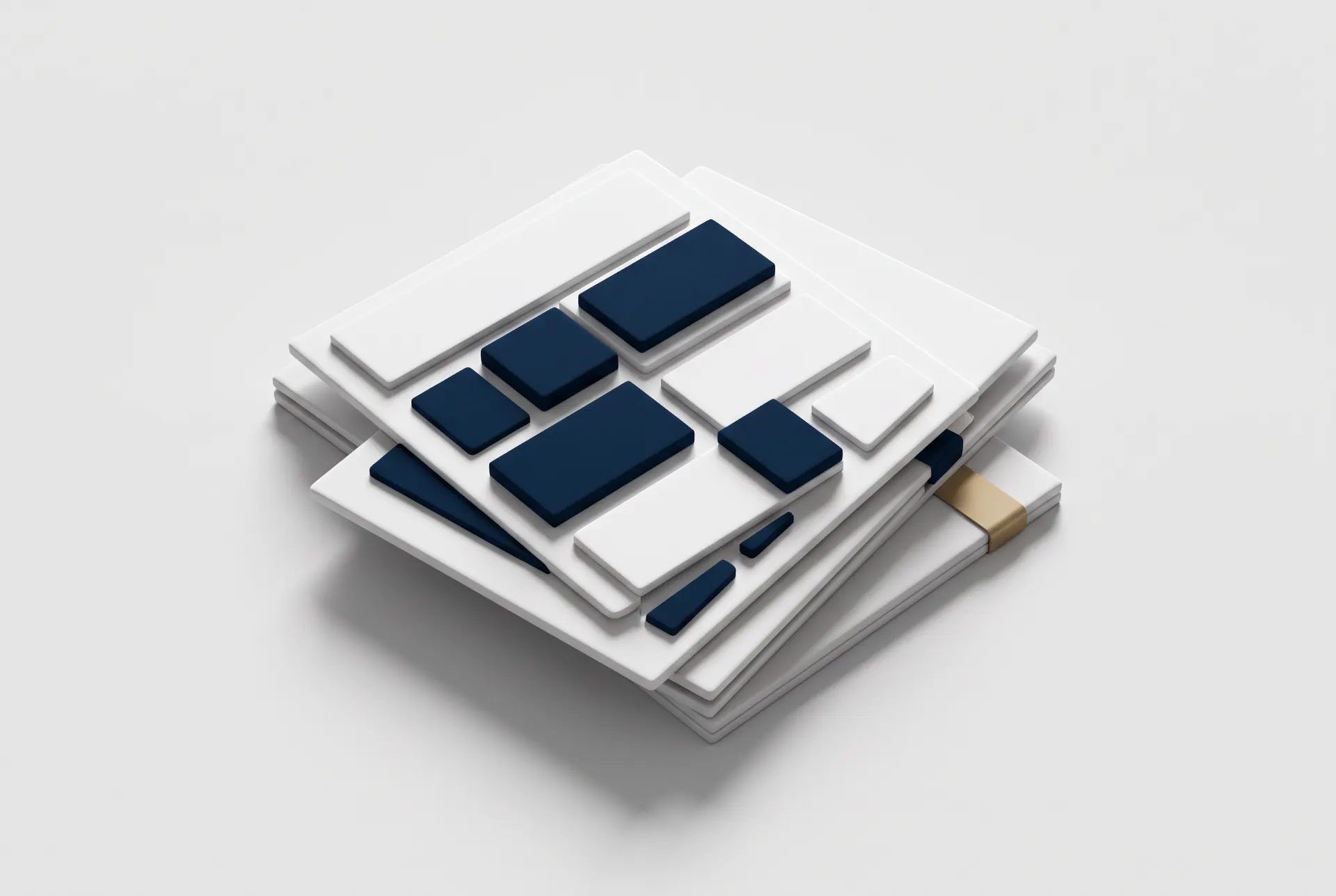 Ilustração 3D com blocos geométricos azuis sobrepostos em estrutura branca, criando composição abstrata moderna com perspectiva e sombras leves.