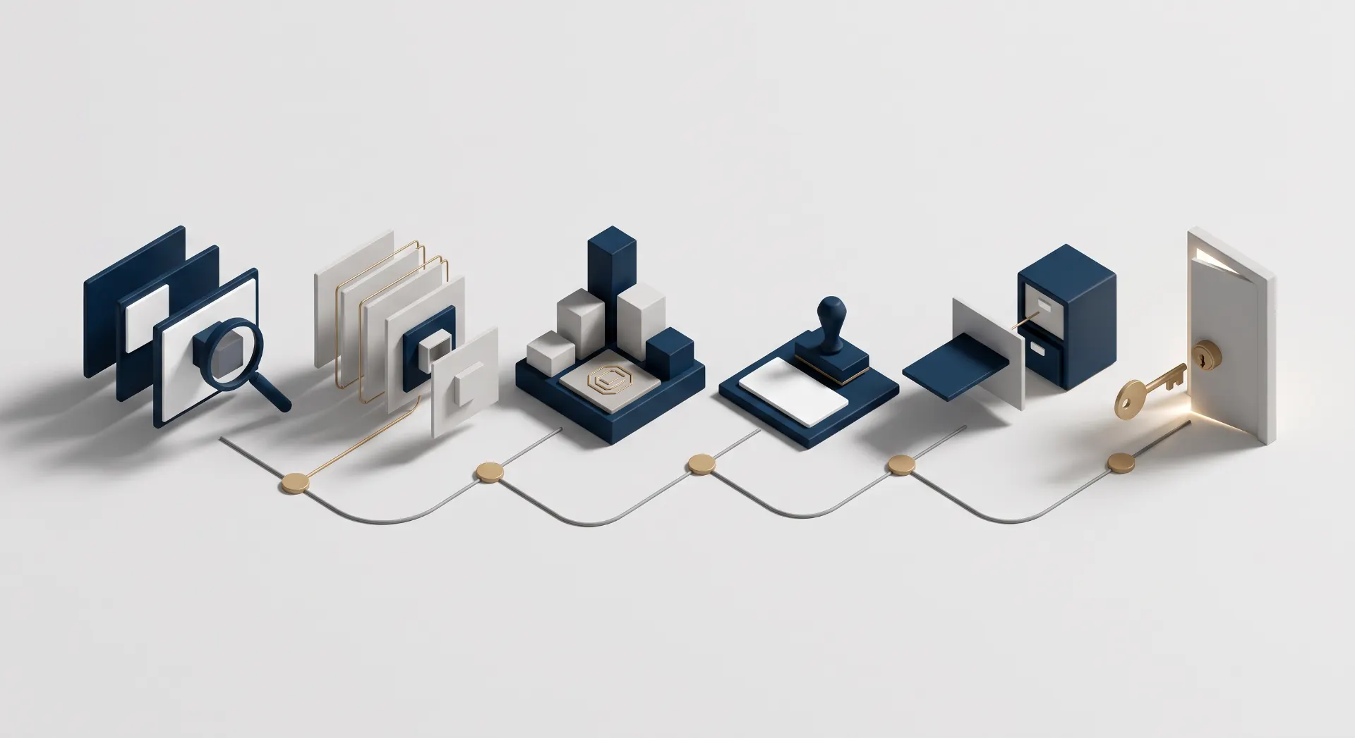Ilustração 3D com arquivos e ícones de escritório conectados por linhas, incluindo uma lupa, gráficos e cubos para representar organização de dados, busca e conectividade digital.
