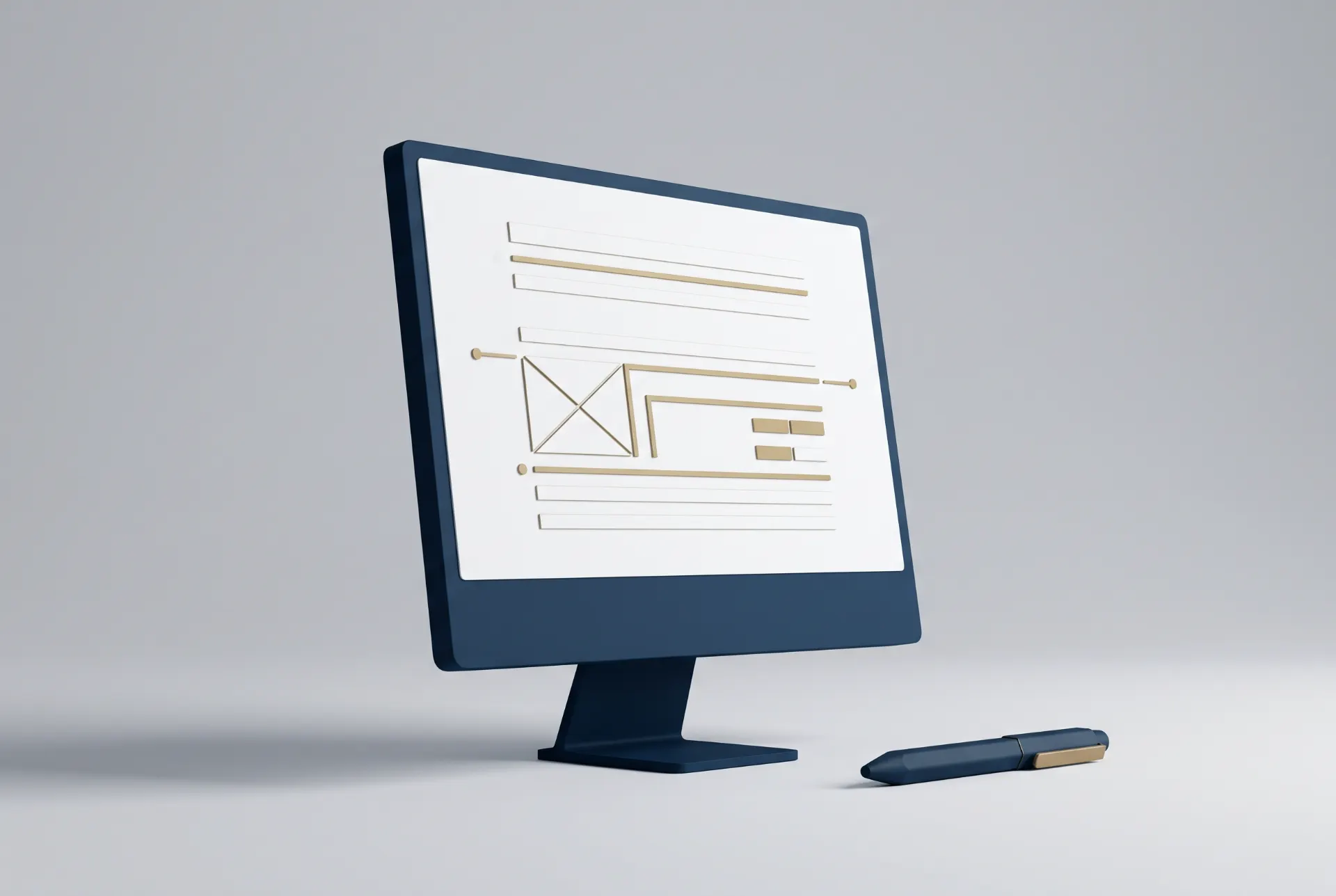 Ilustração em 3D de um monitor de computador com gráfico e linhas, ao lado de um tablet ou dispositivo, em fundo claro. Visual de interface digital e dados.