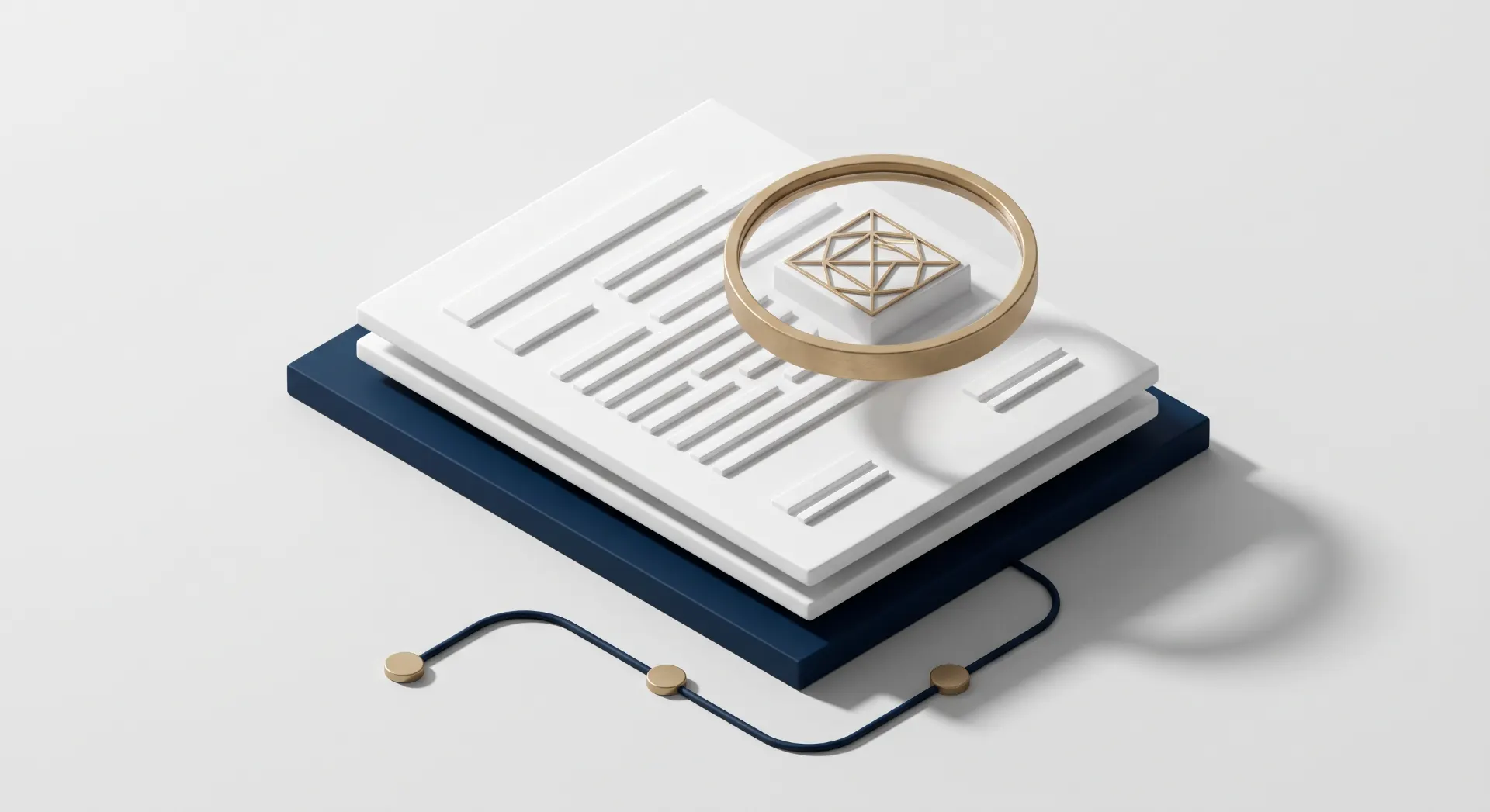 Ilustração 3D de um painel de dados com ícone geométrico no interior de uma lupa, representando análise e busca de informações para tecnologia e negócios.