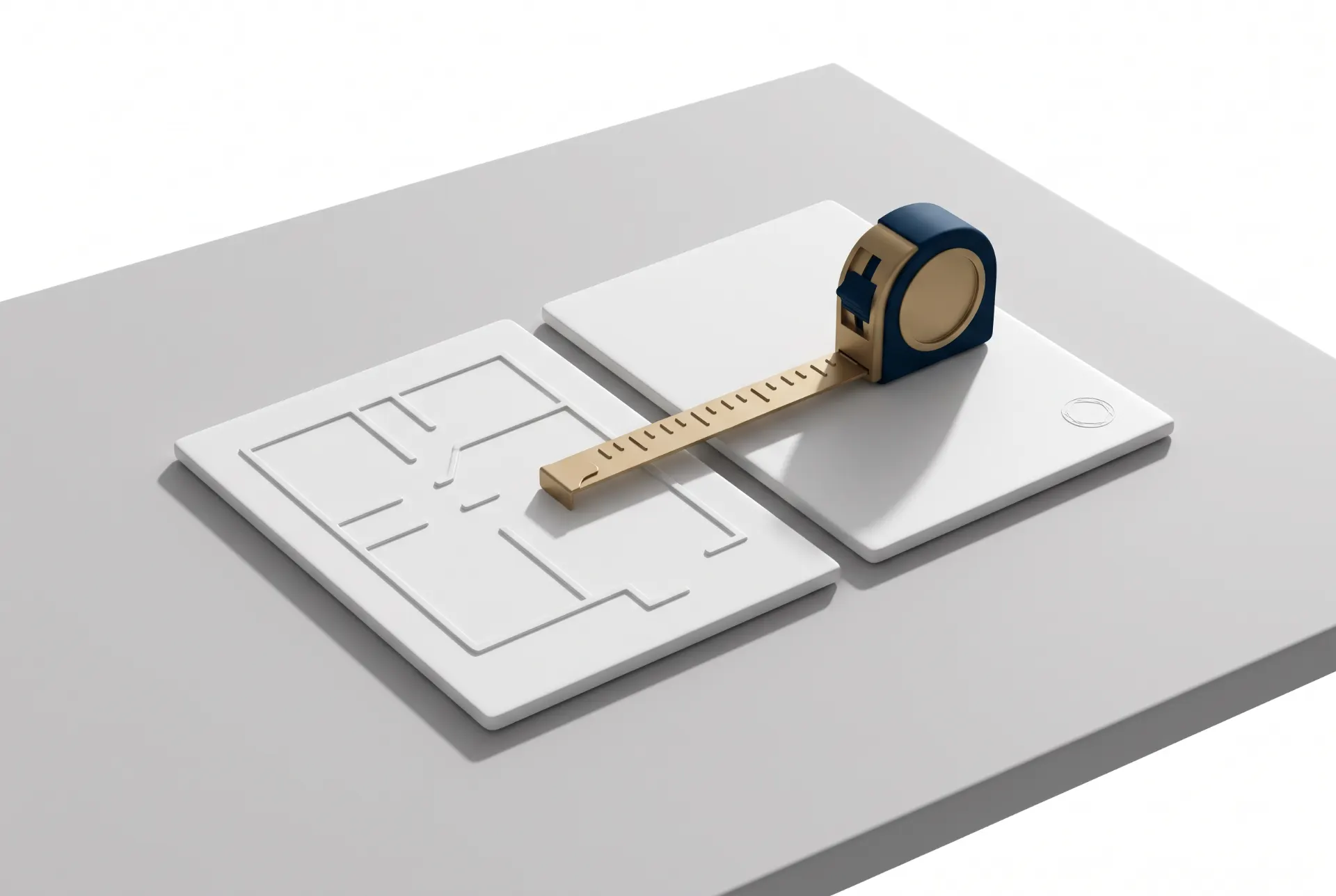 Imagem 3D de uma fita métrica de carpinteiro sobre uma placa com formas geométricas, sugerindo medição e planejamento em projetos de construção ou design.