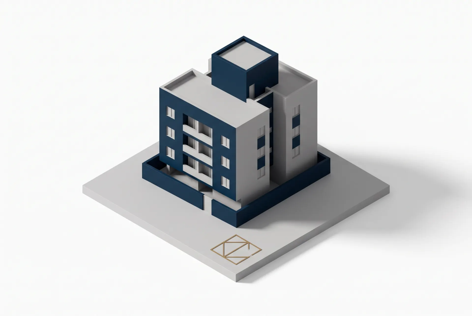 Maquete arquitetônica em 3D de um prédio urbano com fachada clara e detalhes azuis, vista em perspectiva sobre base cinza com estrutura de terreno demarcada ao centro.