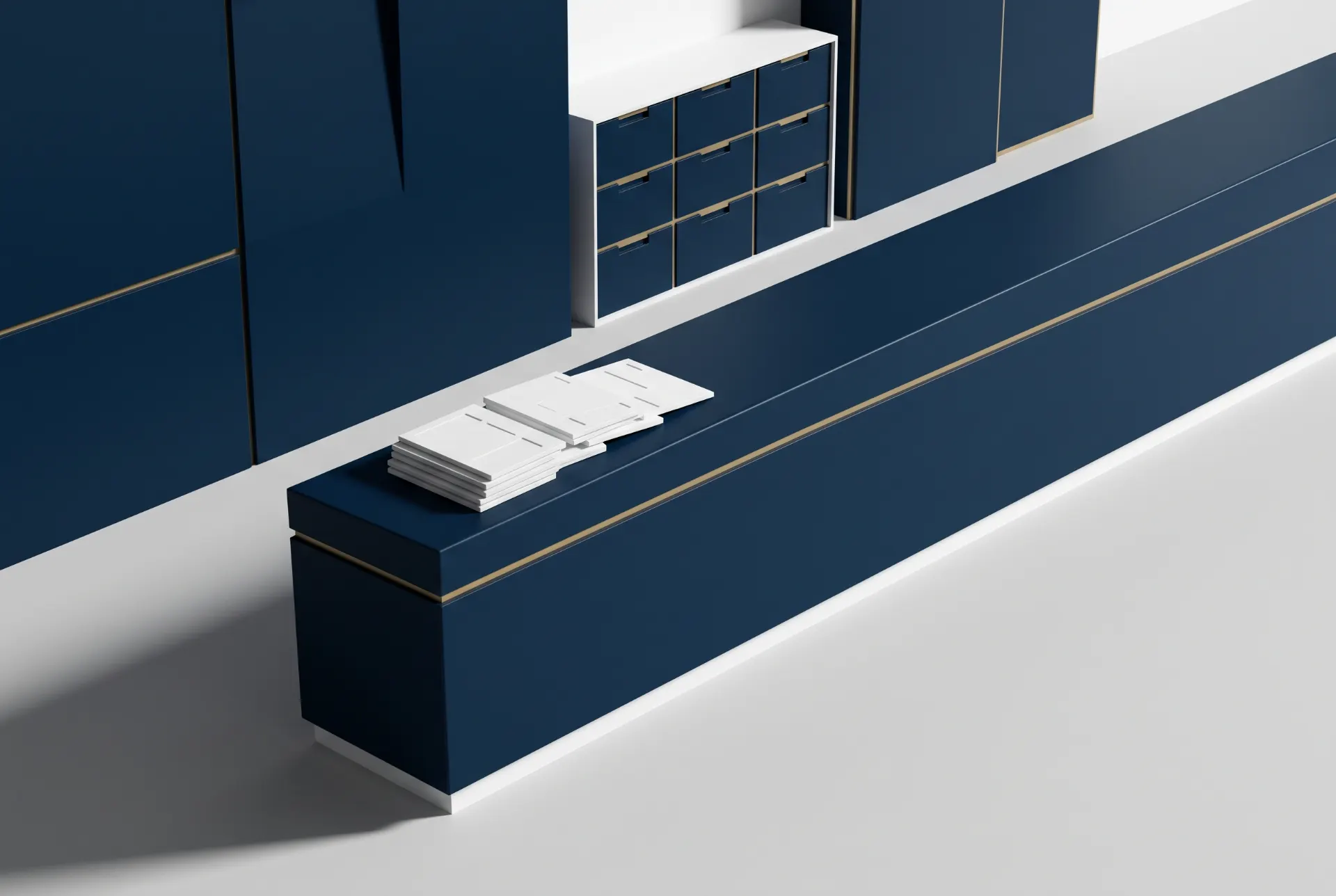 Mesa de escritório azul com gavetas embutidas e trilho dourado, com pilha de documentos e papéis organizados sobre a bancada, em estilo moderno.