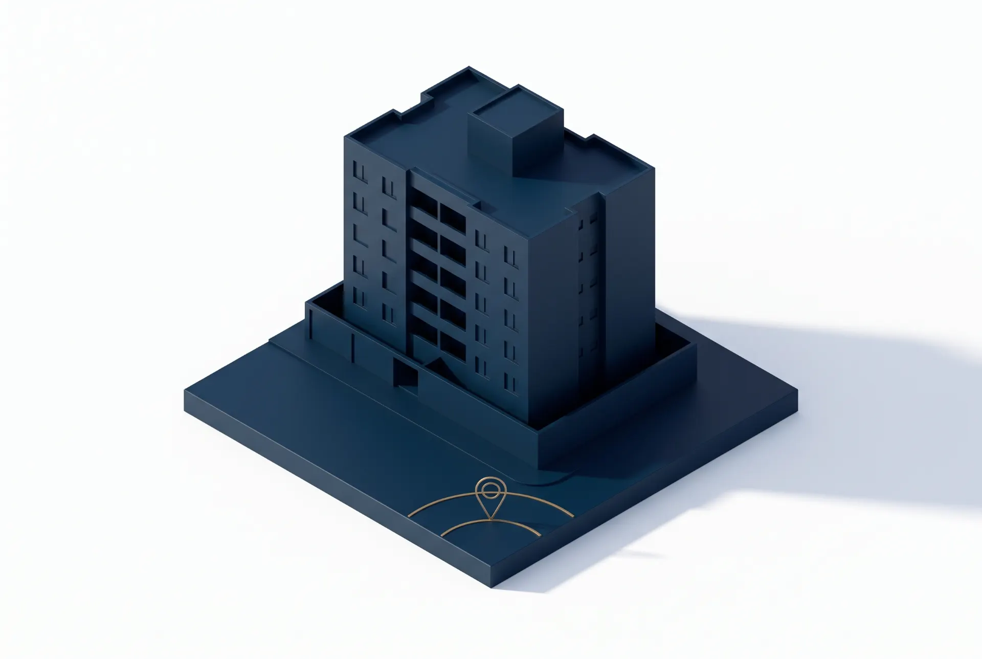 Modelo em 3D de um prédio azul com janelas e detalhes arquitetônicos, montado sobre uma base em formato de plataforma, com textura e sombreamento realistas.