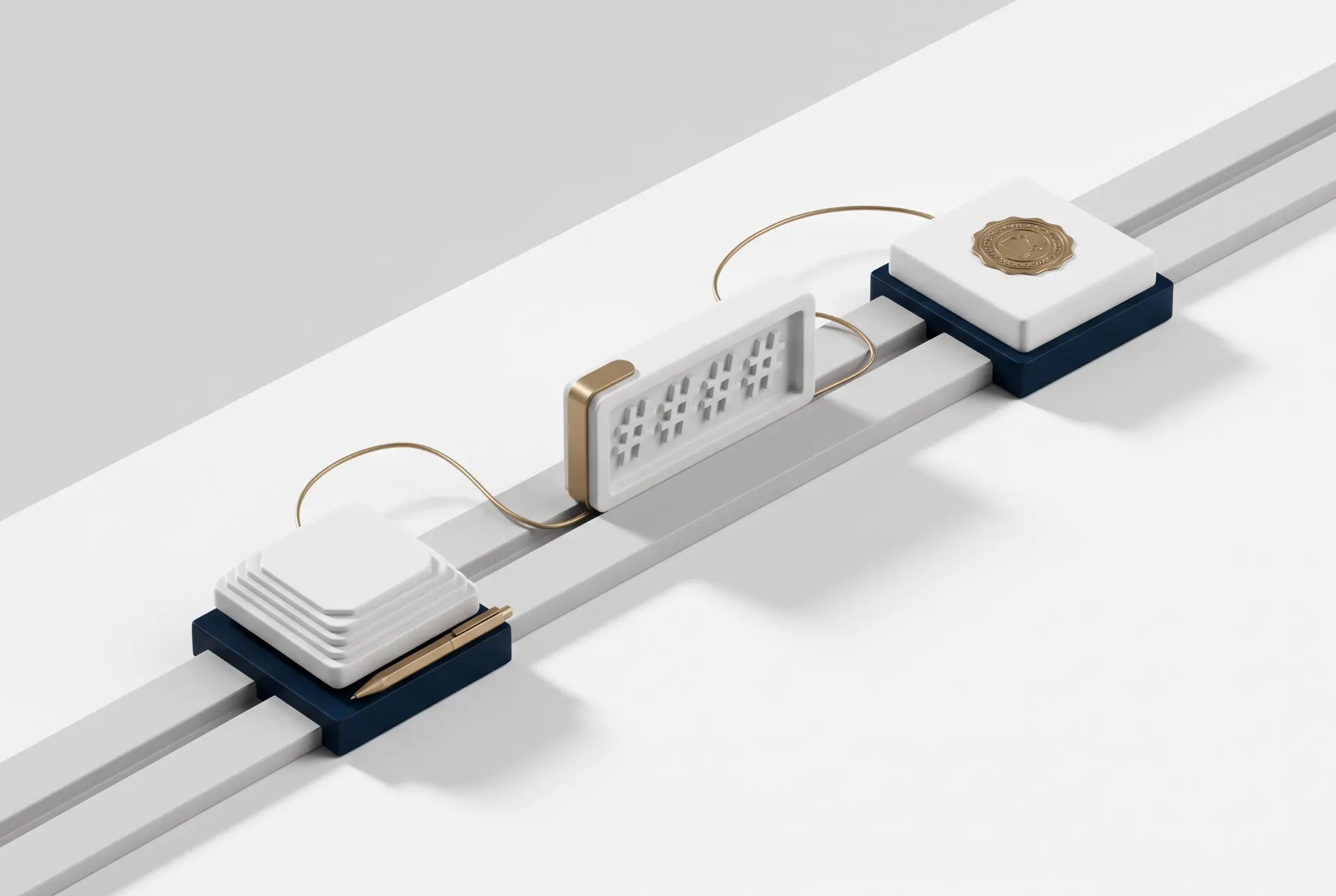 Conjunto de tomadas e conectores modulares integrados em trilho, com cabos e acabamento branco e azul, demonstrando instalação elétrica organizada e design moderno.