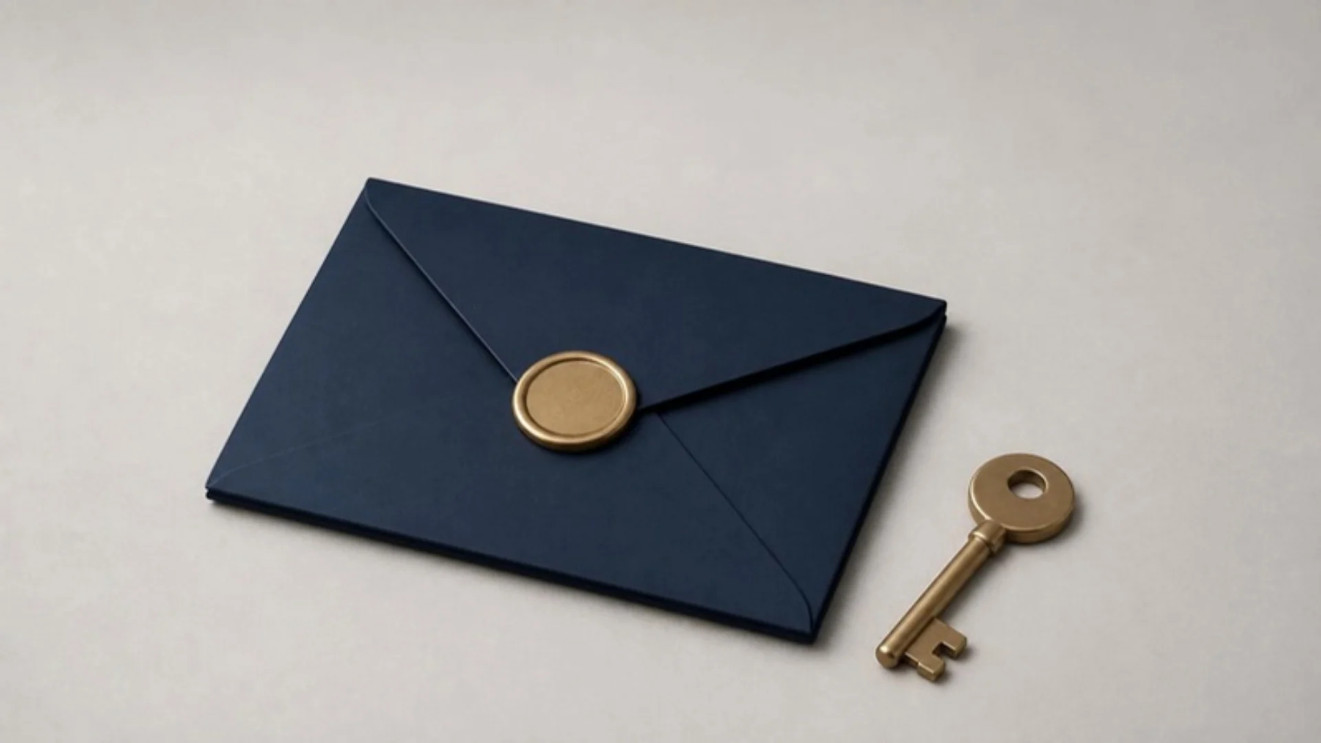 Envelope lacrado e chave de latão representando título, registro e posse do imóvel arrematado
