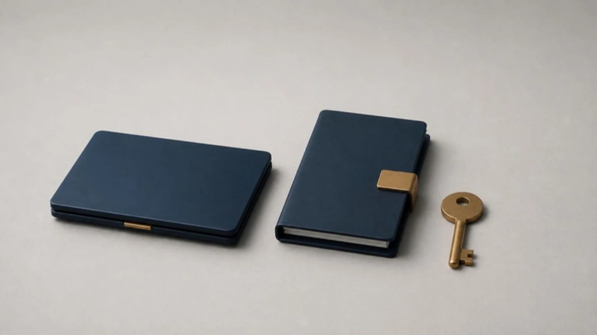 Notebook, pasta de documentos e chave de latão representando as etapas que o interessado executa no leilão