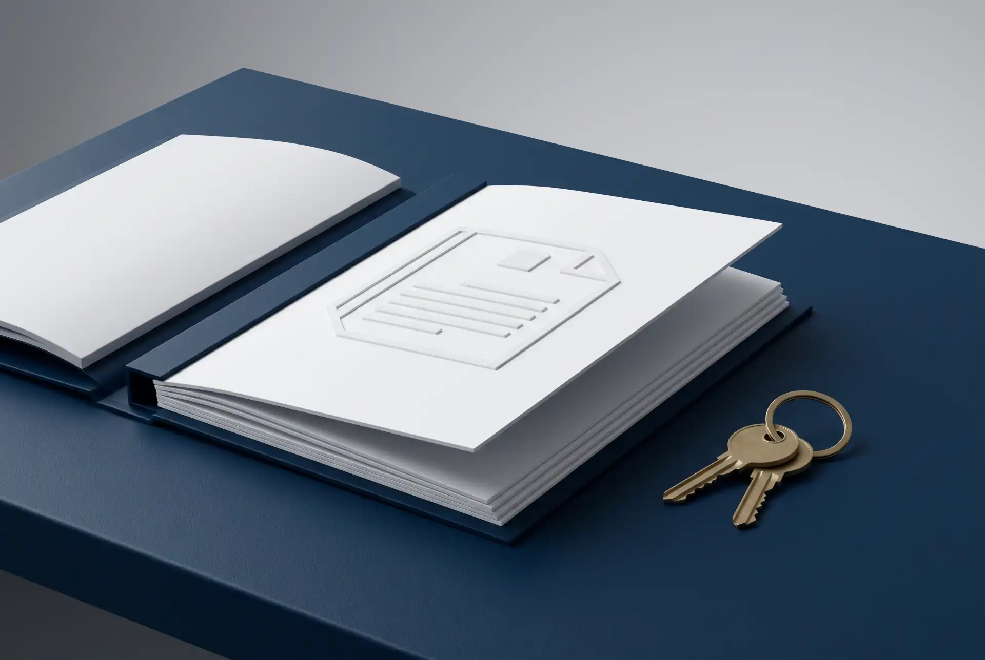 Imagem de um bloco de anotações ou livreto fechado e aberto sobre uma superfície azul, com um ícone embutido na capa e um par de chaves douradas ao lado, em composição de cenário corporativo e segurança.