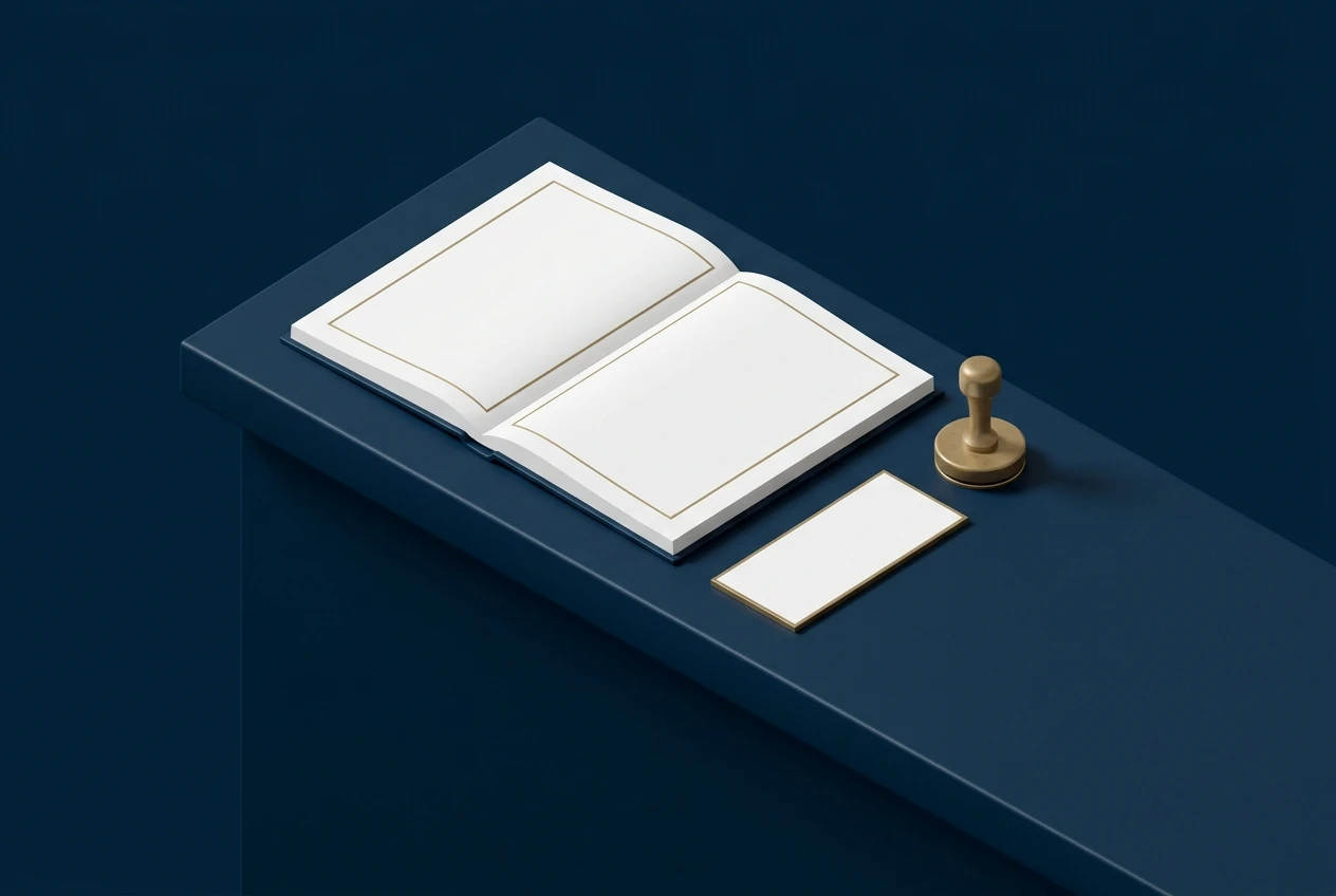 Conjunto de papelaria em composição 3D sobre uma mesa azul: livro aberto com páginas em branco, bloco menor ao lado e carimbo com alça, estilo ilustração corporativa.