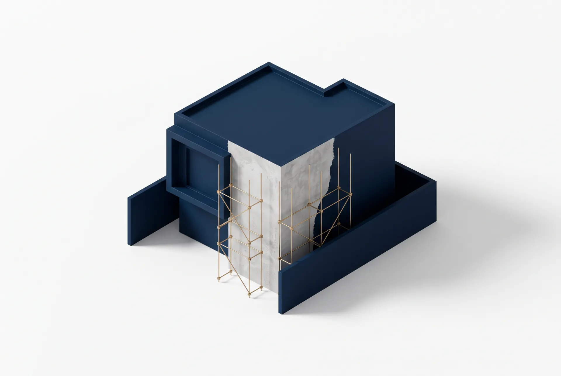 Ilustração 3D de uma estrutura em forma de letras, com caixa azul e detalhes internos com armação metálica e elementos translúcidos sobre fundo branco, estilo técnico