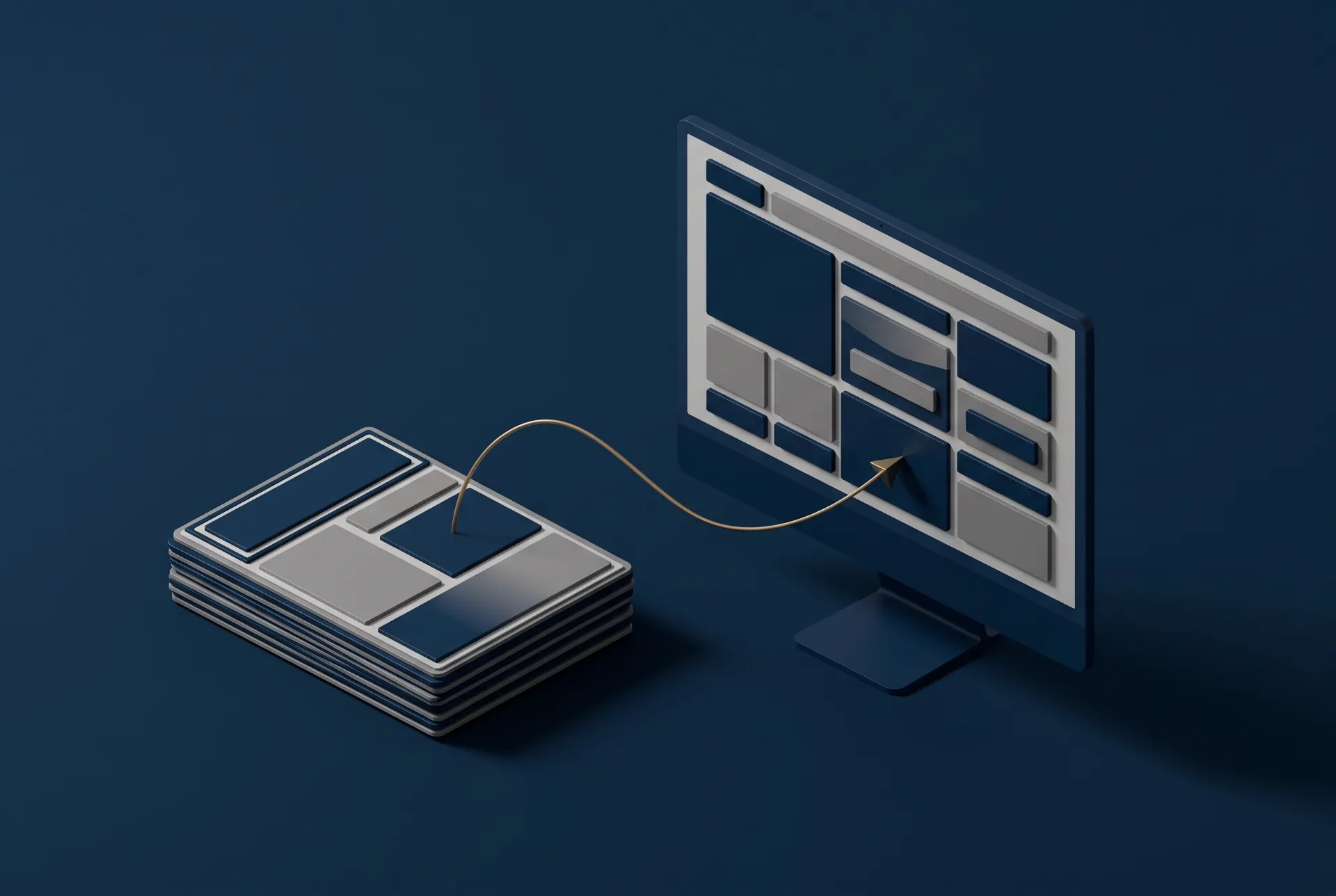 Ilustração 3D de um servidor e um monitor de computador conectados por um cabo, com destaque para a transferência de dados em um ambiente digital, fundo azul