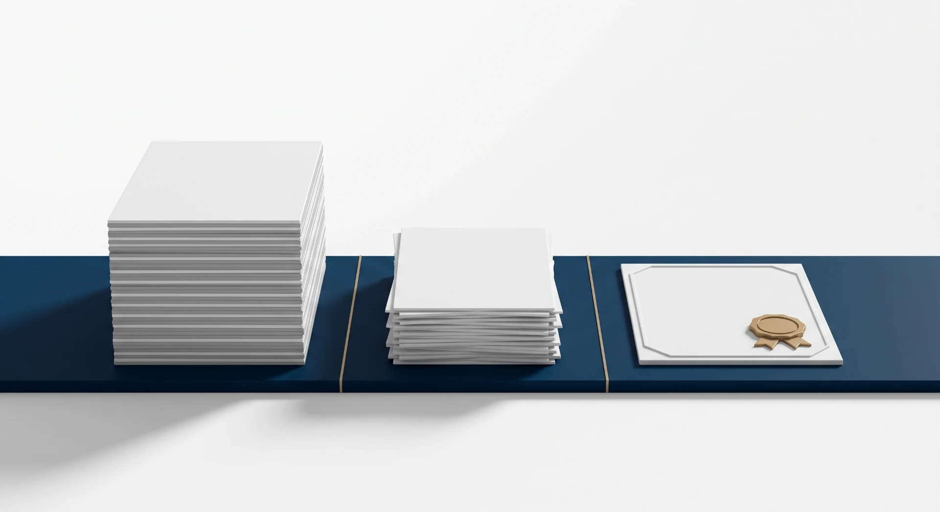 Pilhas de cartões brancos e papel timbrado empilhados sobre uma bancada azul, com capa e cartão decorativo em formato retangular, prontos para impressão ou acabamento.